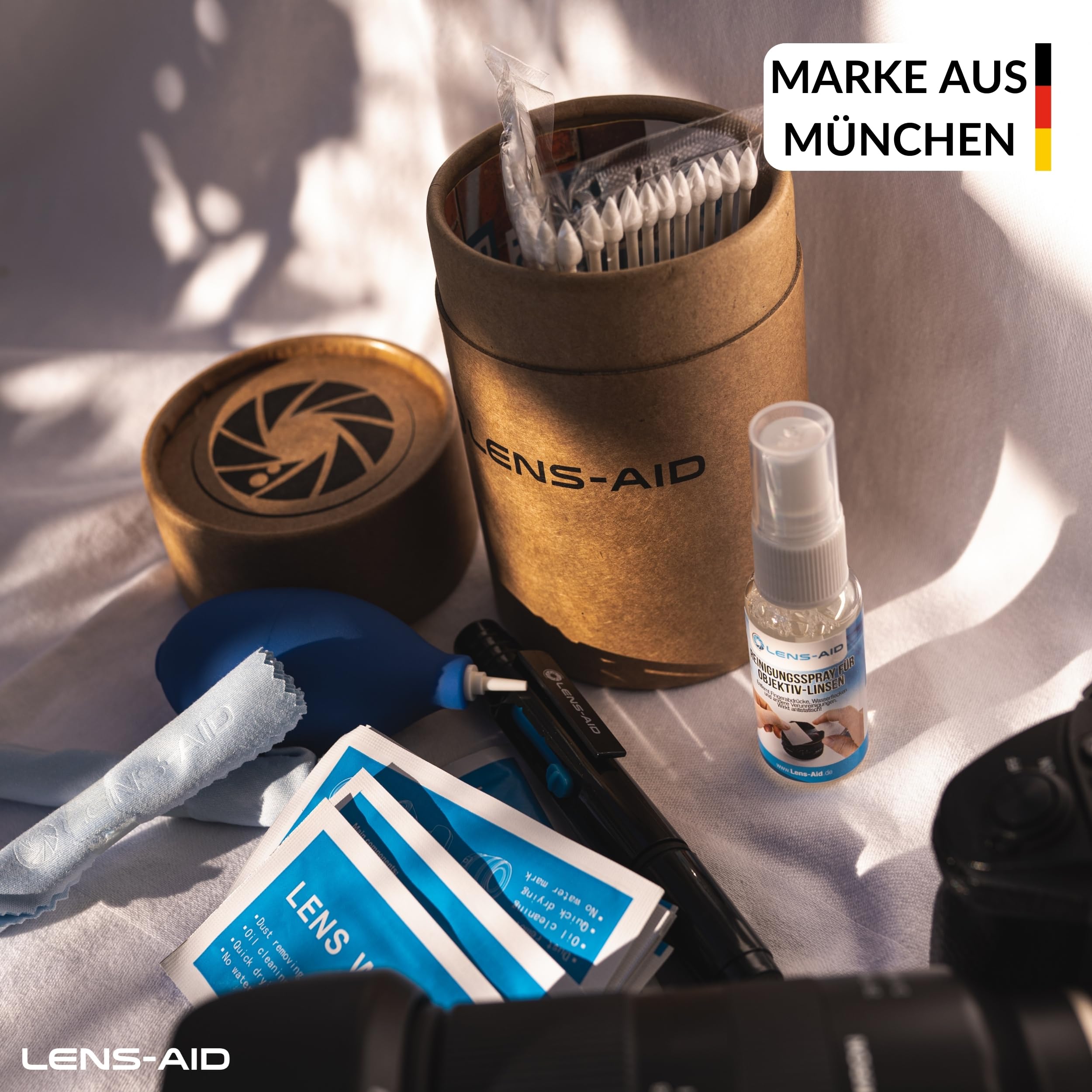 LENS-AID 8-in-1 Kamera Reinigungsset für Vollformat, APS-C & Objektiv - Mit Flüssig-Reiniger, Mikrofasertuch, Reinigungsstäbchen, feuchten Reinigungstüchern, Reinigungsstift, Blasebalg & mehr