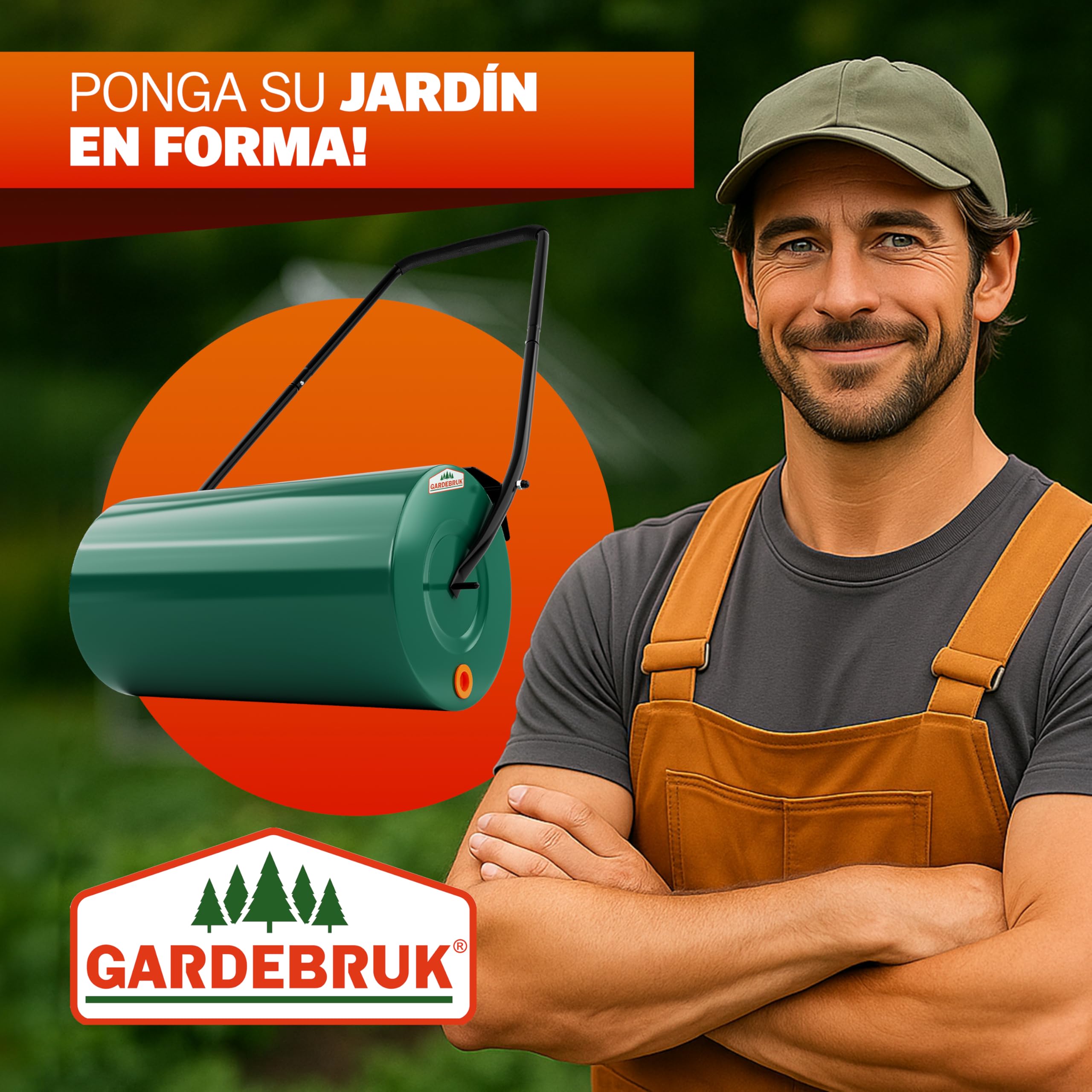 Gardebruk® Rodillo para Césped Grande 60cm, 50L, Aplanador de Tierra, Compactador Manual Huerto, Ergonómico, Alisar Prensar Terrenos, Apisonadora cesped Jardin