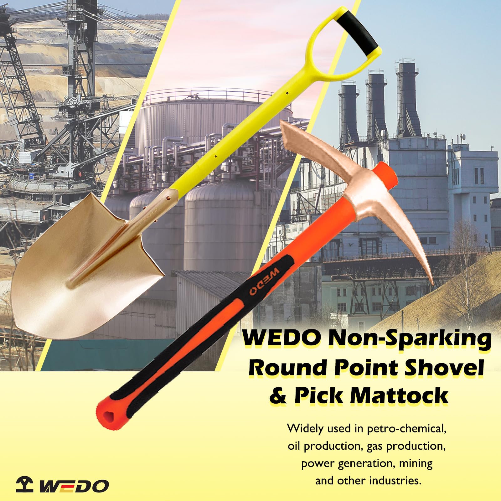 WEDO Juego de pala y púa de punta redonda que no produce chispas, pala de hoja recta de 990 mm, martillo de púas de roca de 910 mm, mango antideslizante, cobre berilio, no magnético, estándar DIN