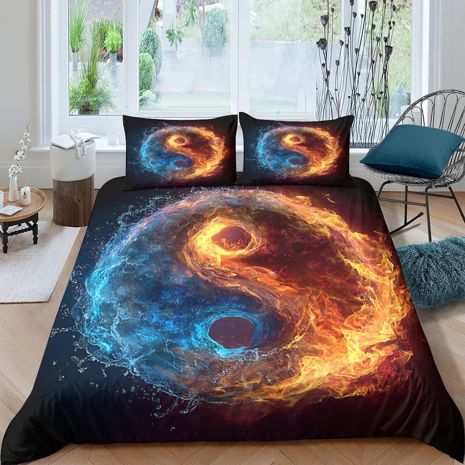 Ctjqhvkz Style-1 3D Printed Fire And Ice Yin Yang Fitted Sheet Microfiber Soft Slip-Resistant Bed Cover For Bedroom Dorm Mattress Protection Decor Single（135X200cm）