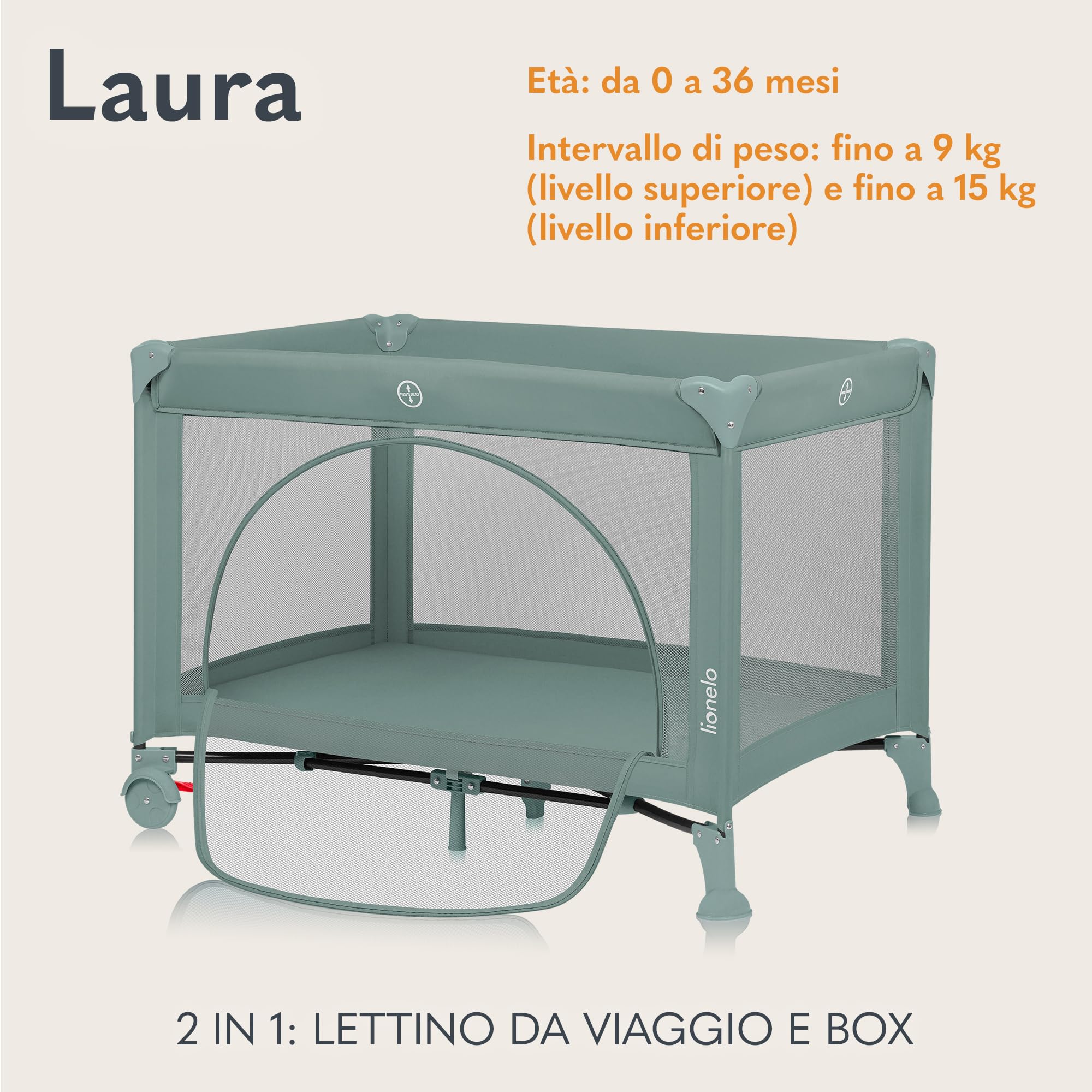 Lionelo LAURA Lettino da viaggio 2 in 1 fino a 15 kg per bambini 0-36 mesi Materassino in schiuma T25 2 livelli altezza Borsa viaggio Ruote con freno