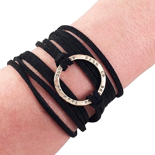 Miniatura 1 de Reversible NO MORE Stamped Peruvian Bronze Infinity Circle Wrap Bracelet, Black Adjustable Faux Suede Leather Cord, Friendship Support Bracelet