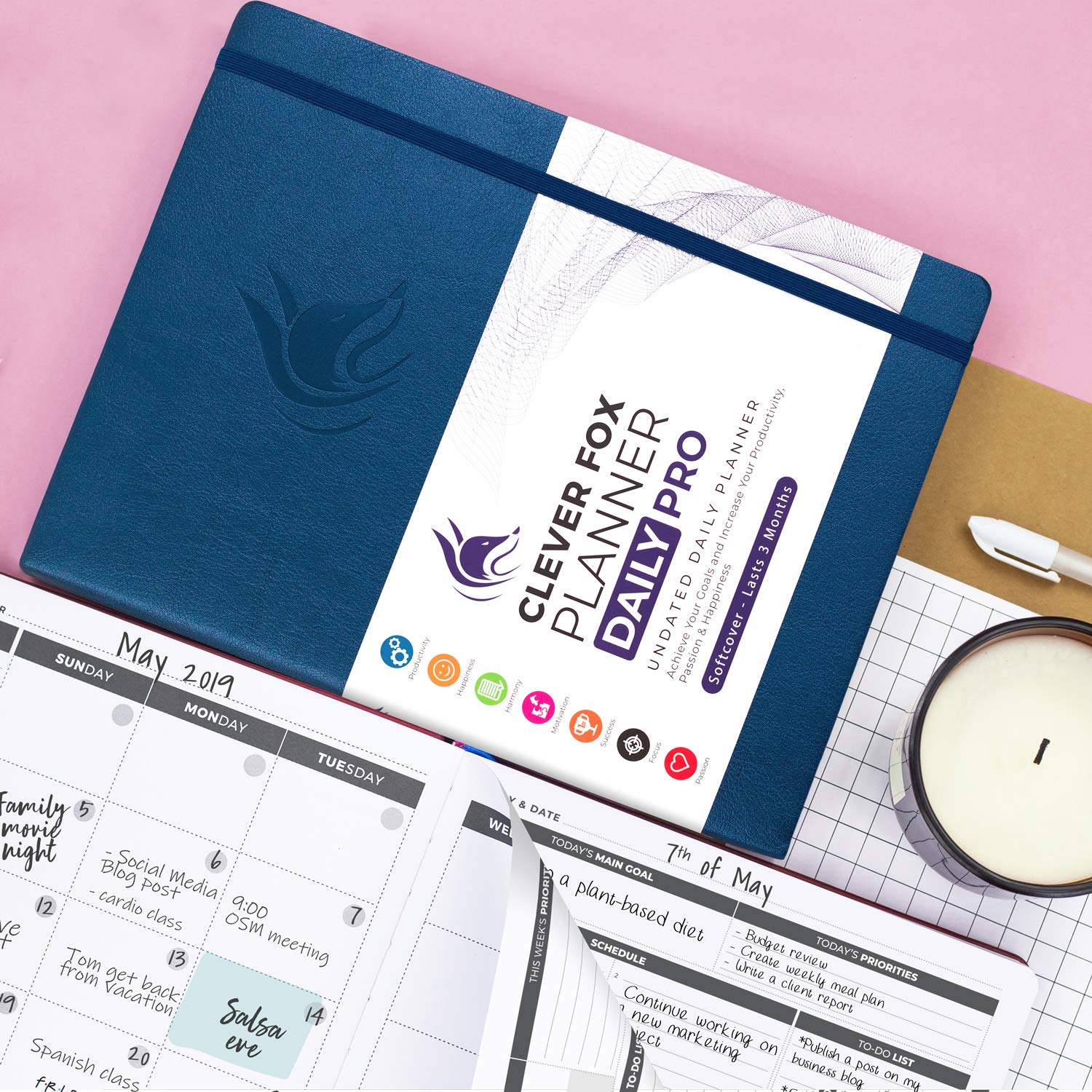 Clever Fox Planner Daily PRO – planer życia dziennego i dziennik wdzięczności w celu zwiększenia produktywności, zarządzania czasem i osiągania celów, bez daty, rozmiar A4-21,5 x 28 cm, trwa 3