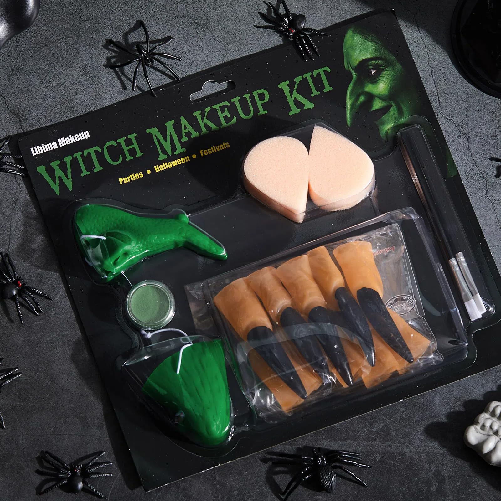 Libima Kit de maquillaje de bruja de Halloween de 17 piezas, nariz y barbilla de bruja falsa, 10 uñas largas negras, pintura facial, esponja de maquillaje y pincel, accesorios de disfraz de efectos