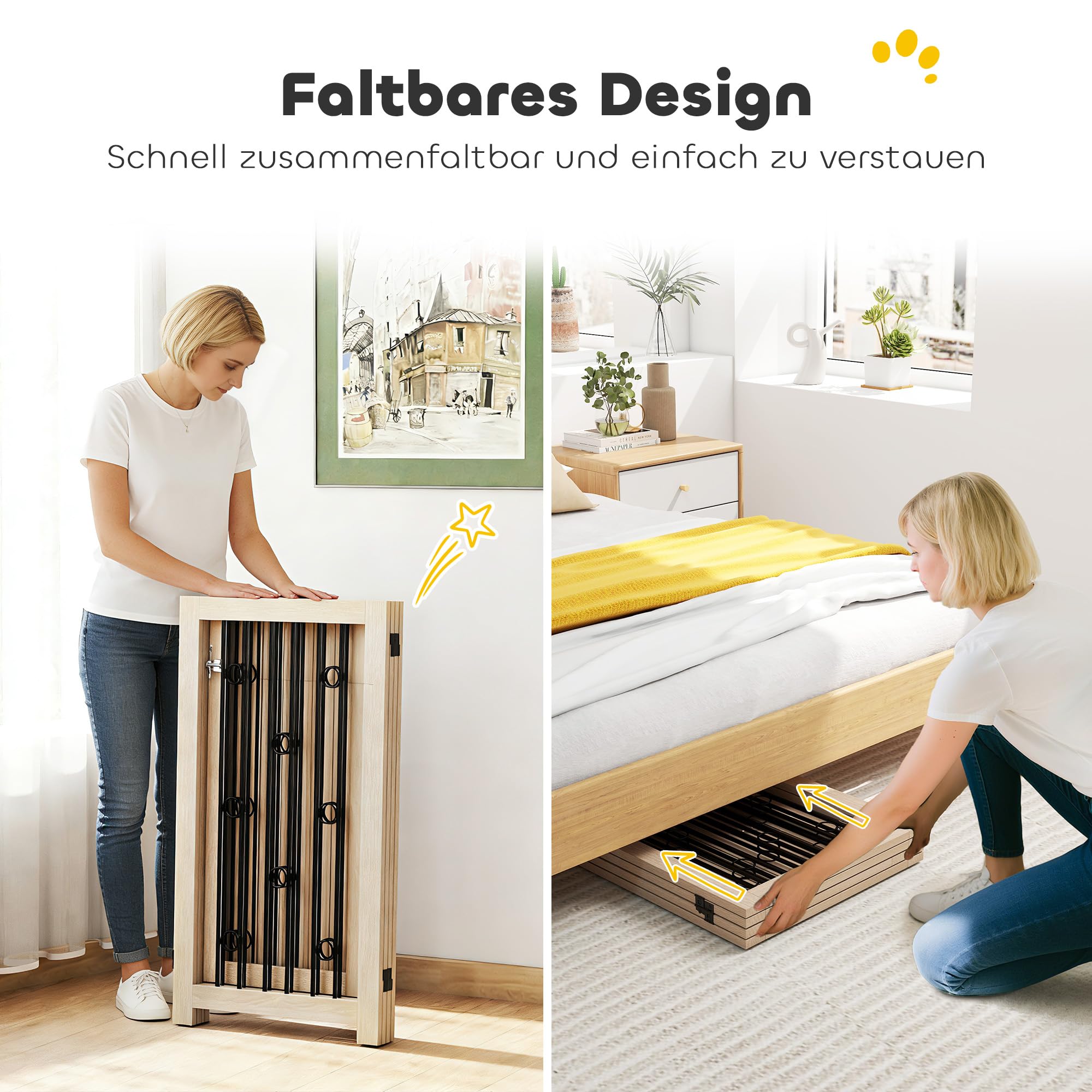 PawHut Absperrgitter Hund Faltbares 4 Paneelen HxB 91,5 x 205 cm Eiche | Freistehendes Schutzgitter, 2 Stützfüßen, Abschließbarer Tür, Haustiergitter Küche Kamin Tür
