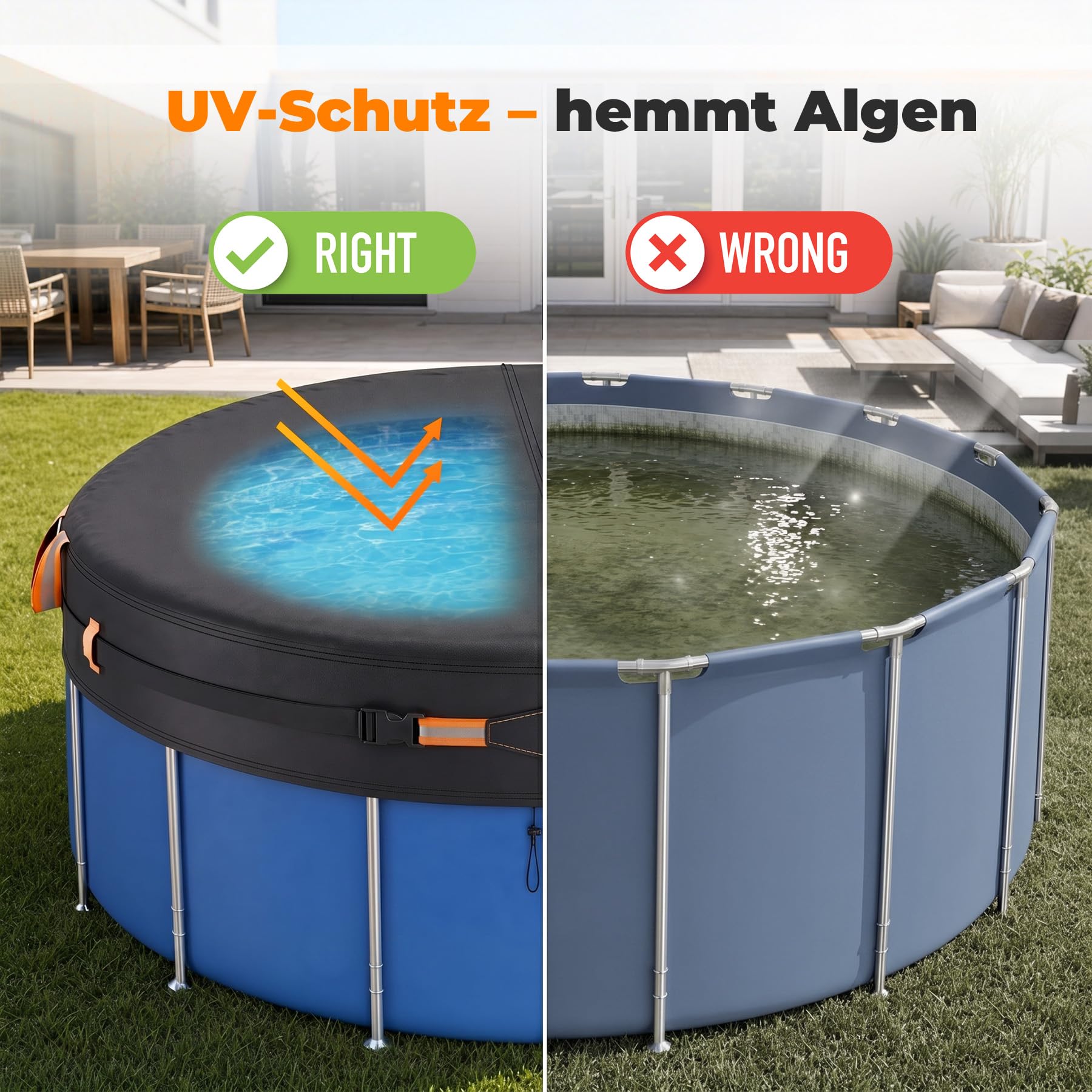 Poolabdeckung Rund, Sommer-Poolplane aus hochwertigem Oxford-Gewebe für runden Aufstellpool, mit Steckschnallen & Kordelzug, Ø 305cm (10FT)