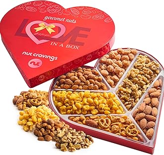 NUT CRAVINGS - Valentines Day Mixed Nuts Heart Shaped Gift Basket, Love in A Box (6 Assortments) Romantic Food Arrangement, Healthy Snack Care Package, Food Assortments