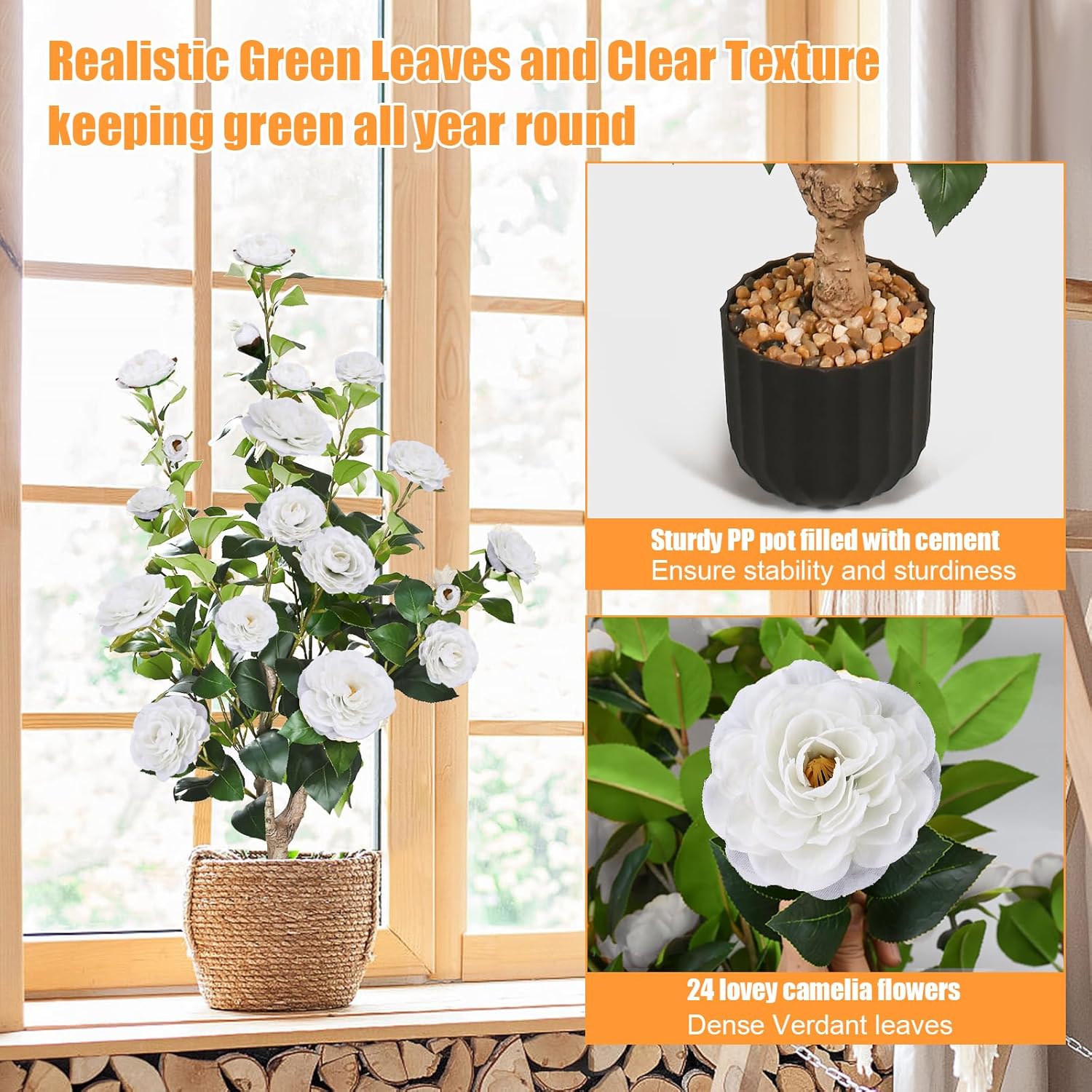 2 PCS Artificial Camellia Trees in Pot White Fake Flowers Trees Outdoor Faux Potted Tree with 24 Blooming Camellia Topiary Greenery Plant for Porch Front Door Indoor