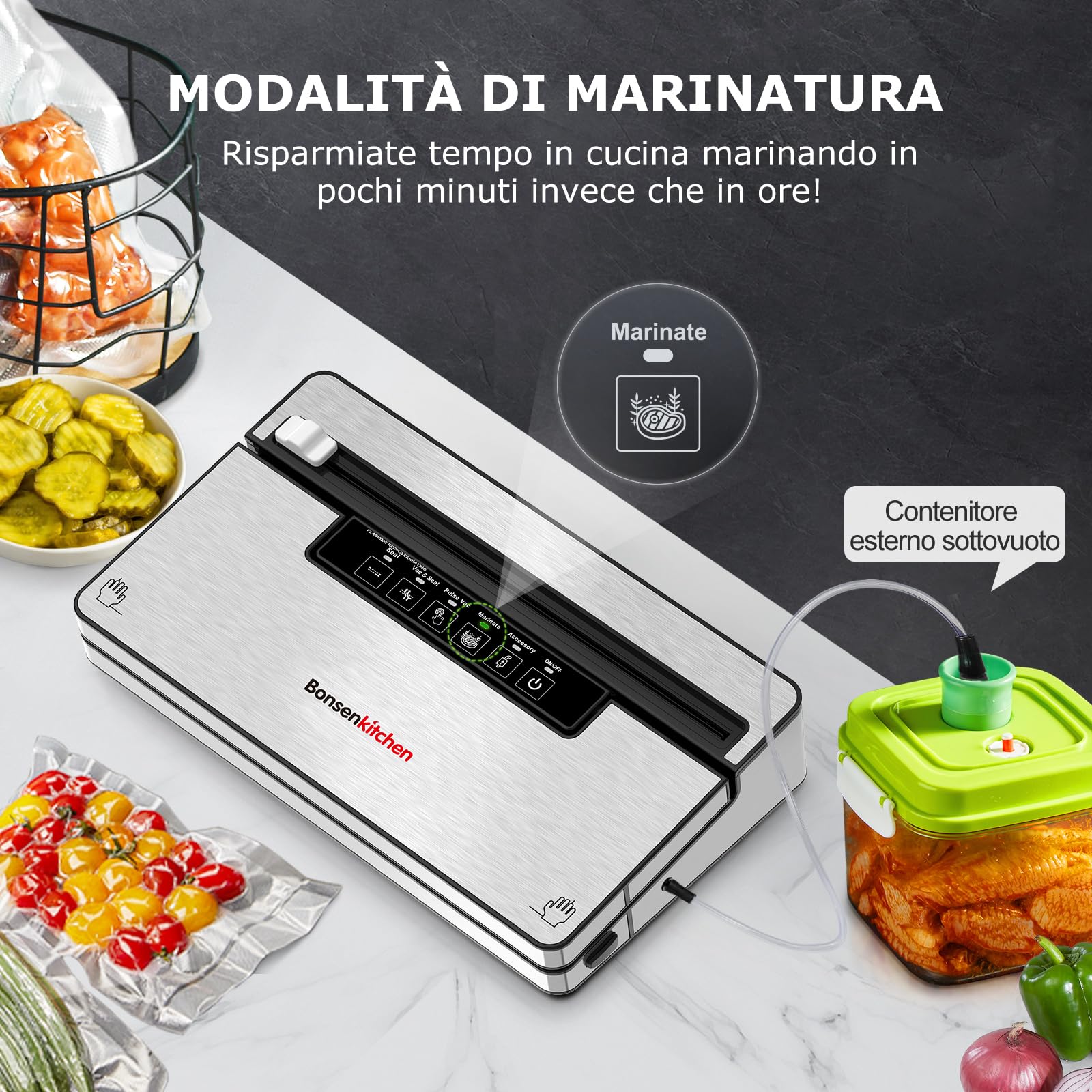 Bonsenkitchen Macchine Sottovuoto Alimenti, 5 Modalità di Sottovuoto Alimenti,8 L/min,Tecnologia Globefish per Lavoro Continuo ad Alta Velocità,Include 5 Sacchetti Sottovuoto e 1 Sacchetto in Rotolo