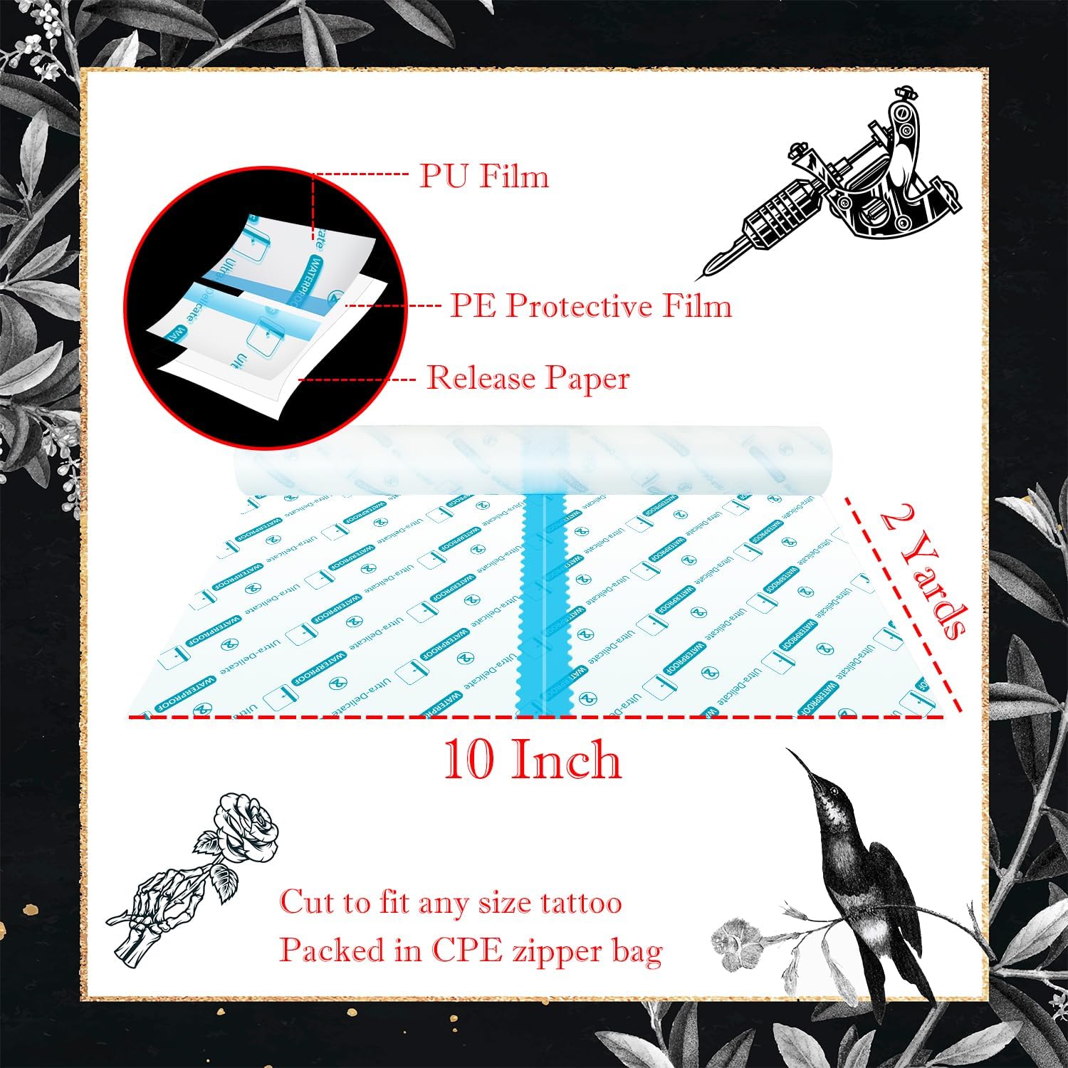 Hysimedy Tattoo Aftercare Bandage 10 Inch x 2 Yards Second Skin Transparent Waterproof Tattoo Cover Up Patch Supplies for Skin Recovery Healing Showering
