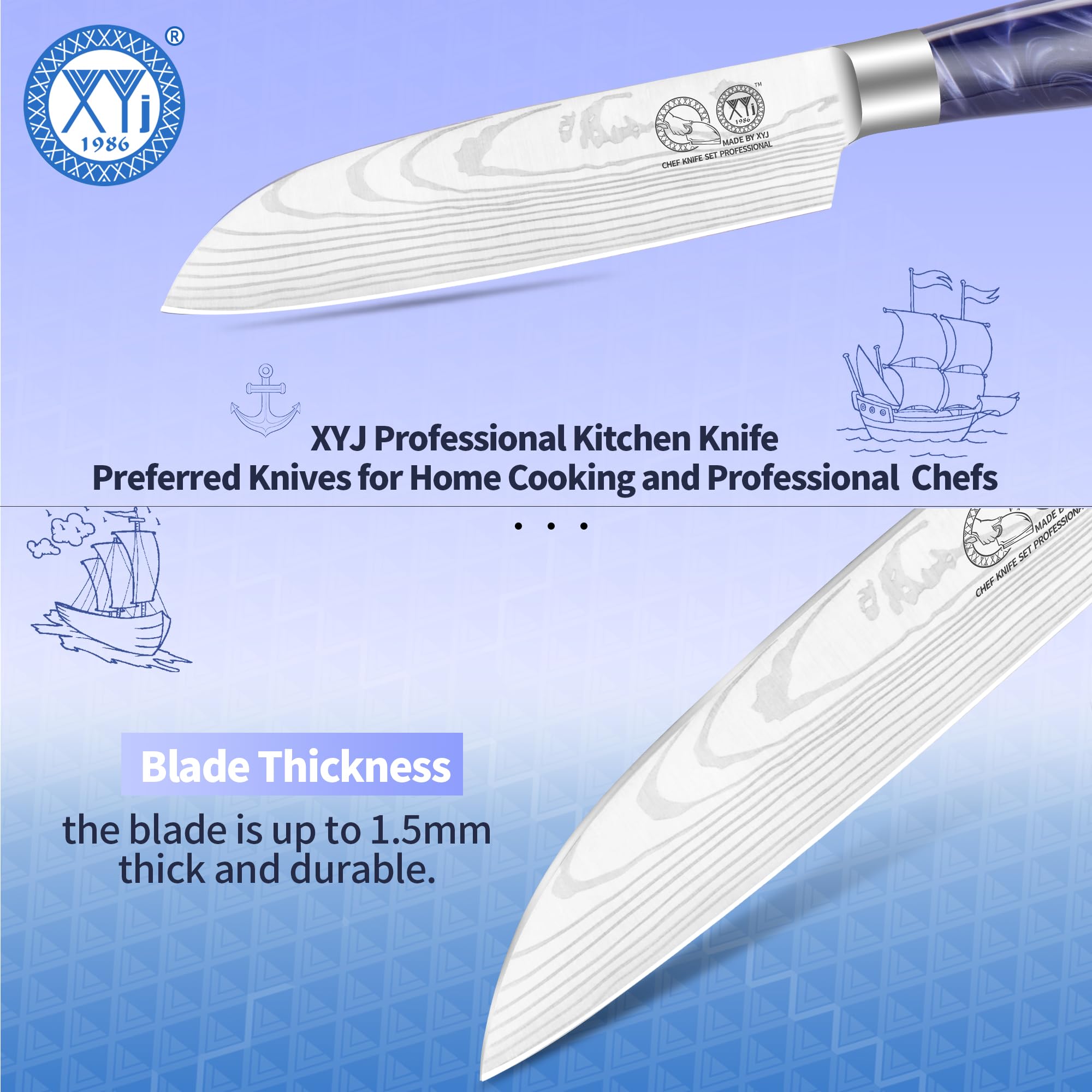 XYJ Coltello da Cucina Professionale, Coltello Santoku Giapponese da 5 Pollici in Acciaio Inossidabile, Motivo Laser Damacus, Coltello da Carne per Cucina, Campeggio e BBQ, Coltello con Coperchio