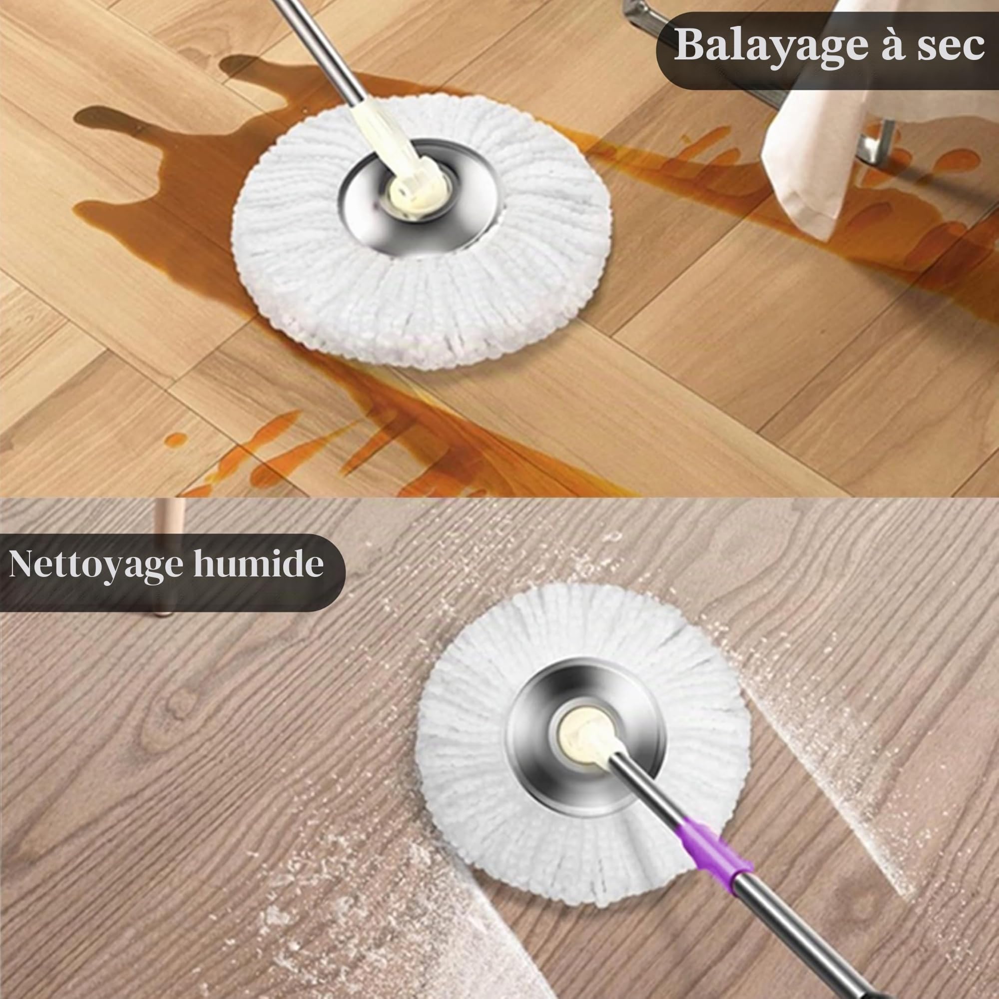 ARSUK Balai Rotatif 360° – Balai serpillère Ajustable, Manche Acier Inoxydable Extensible 127 cm – 2 Têtes Microfibre Remplaçables – Nettoyage Efficace sans Effort