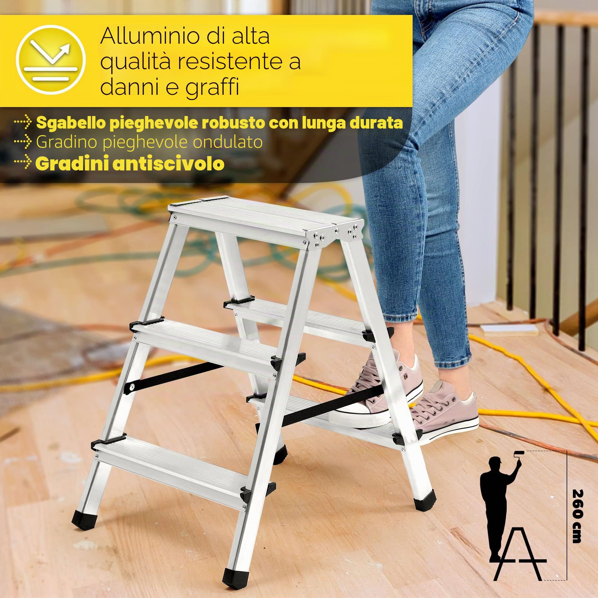 KADAX Scaletta Pieghevole in Alluminio, Scala Doppia a Pioli con Piattaforma Antiscivolo, Gradini Larghi e Struttura Leggera, Fino a 125 kg (3 Gradini)