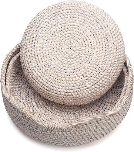 Vista 7 de YANGQIHOME Cestas de frutas redondas de ratán, cuencos de almacenamiento de mimbre, cuencos de cesta de servicio tejida natural, cestas decorativas