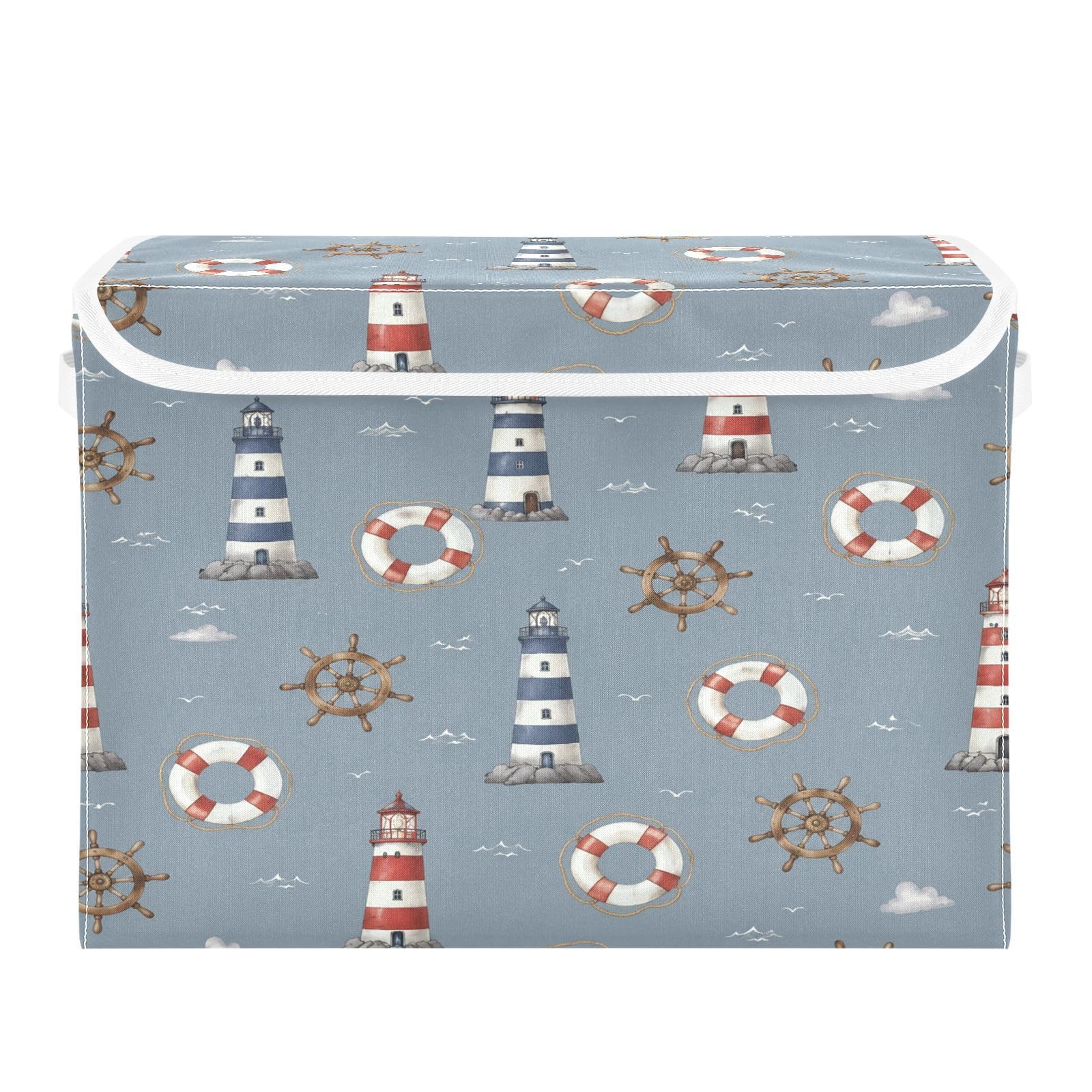 Ewusp Lighthouse Fabric Storage Bin with Lid, Decorative Foldable Storage Basket with Handles, Stackable Closet Shelf Organiser Box for Clothes, Books, Bedroom, Living Room