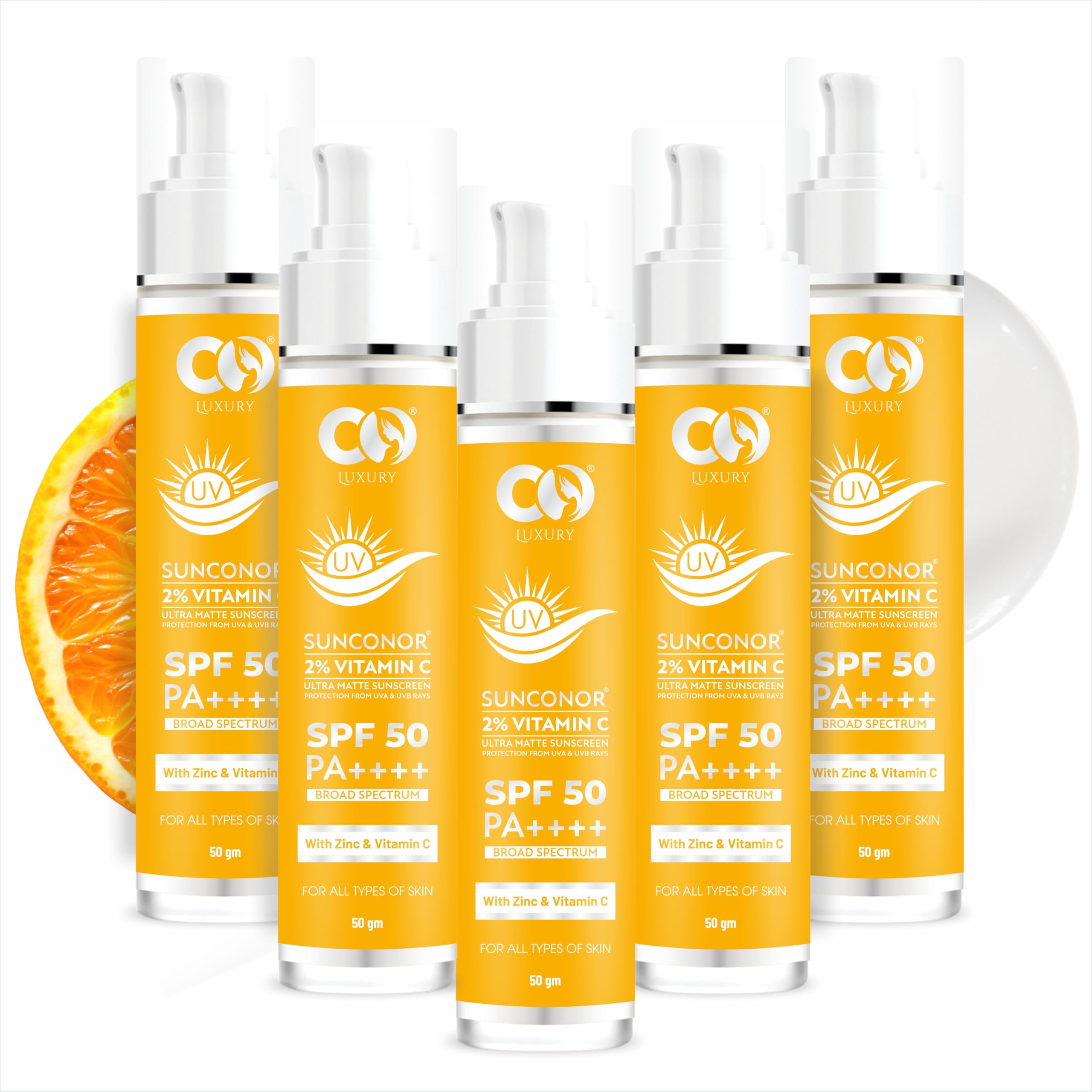 CO LUXURY 2% Vitamin C Sunscreen SPF 50 PA+++ | Water Resistant & Non-Greasy, Broad Spectrum Sunblock with Vitamin C, Zinc Oxide & Glycerine | Matte Finish, UVA/B Sun Protection for Women & Men | 50 gm | Pack of 5