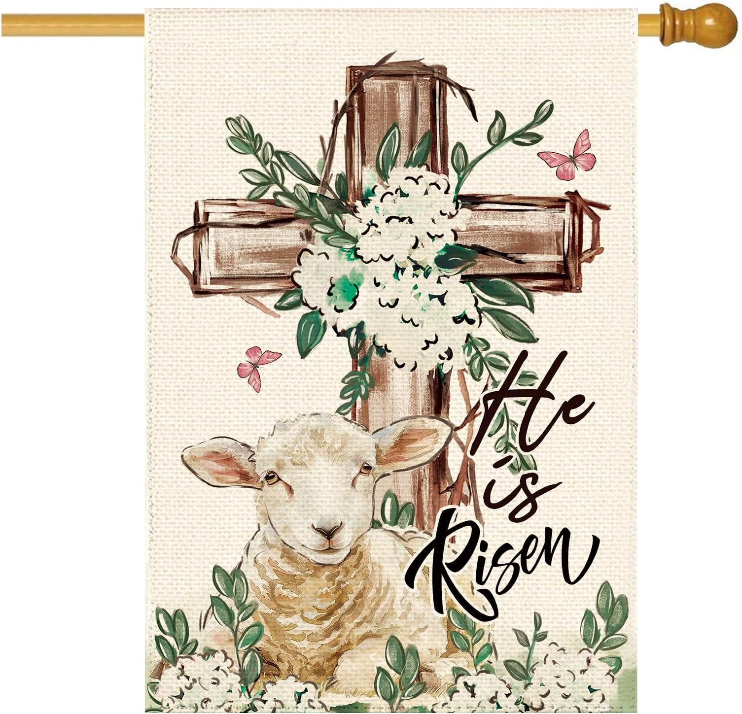 Easter He Is Risen Lamb House Flag 28 x 40 Inch Double Sided, Spring Cross Hydrangeas Welcome Burlap Large Yard Garden Flags Holiday Farmhouse Flags for Patio Outdoor Outside Decoration