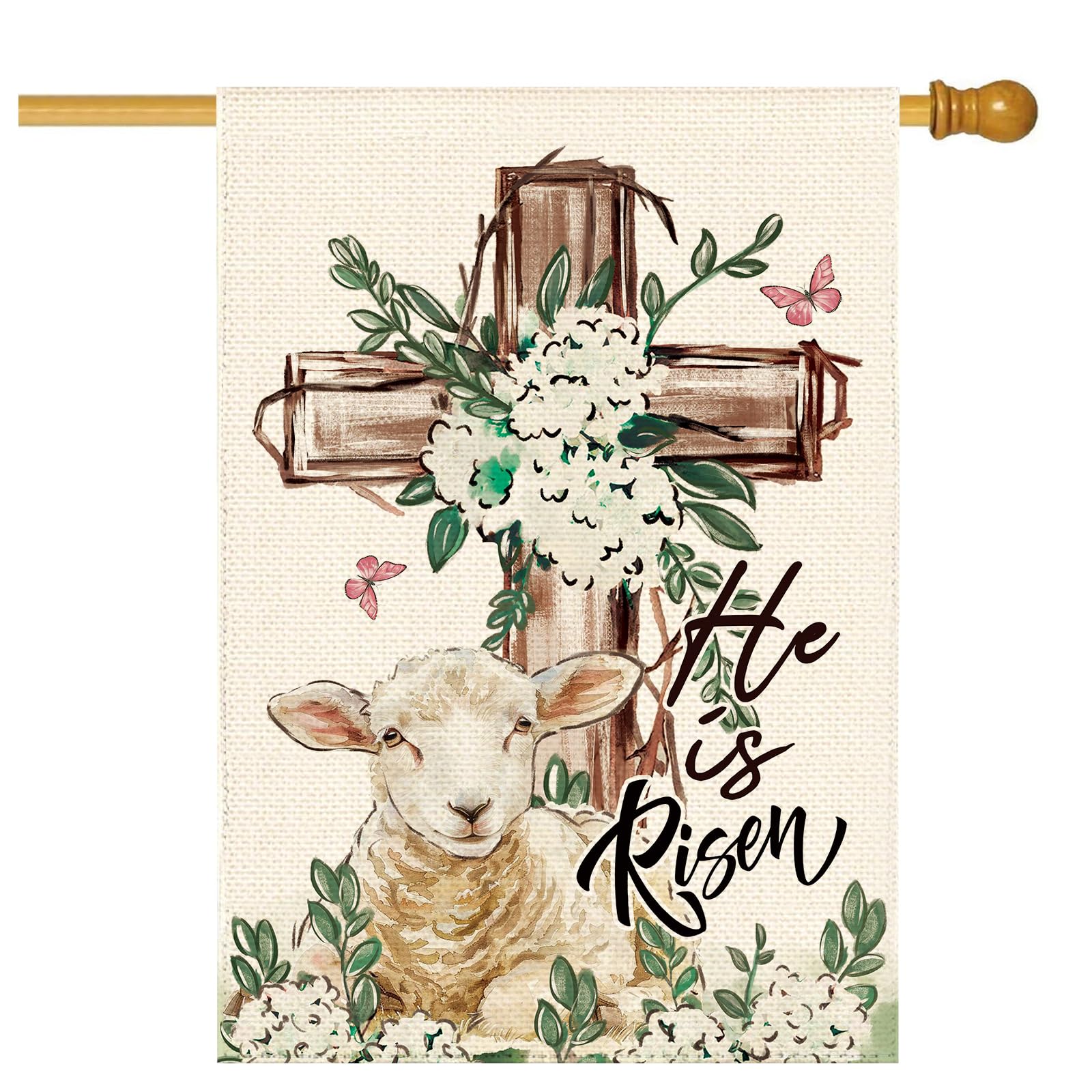 Easter He Is Risen Lamb House Flag 28 x 40 Inch Double Sided, Spring Cross Hydrangeas Welcome Burlap Large Yard Garden Flags Holiday Farmhouse Flags for Patio Outdoor Outside Decoration