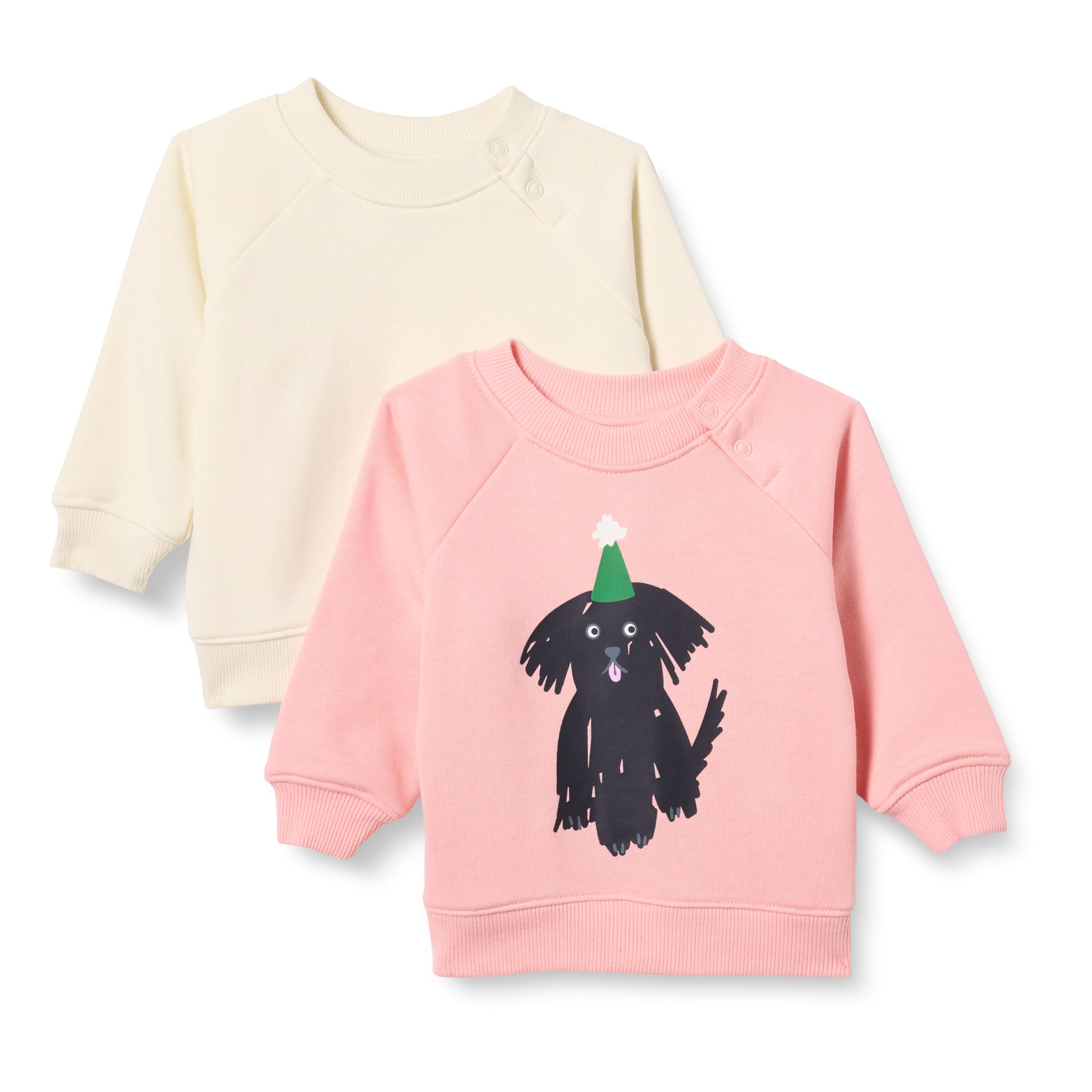 Amazon Essentials Unisex Babies' French Terry Crewneck Sweatshirts, Pack of 2, Beige/Peach Party Animals, 0-3 Months