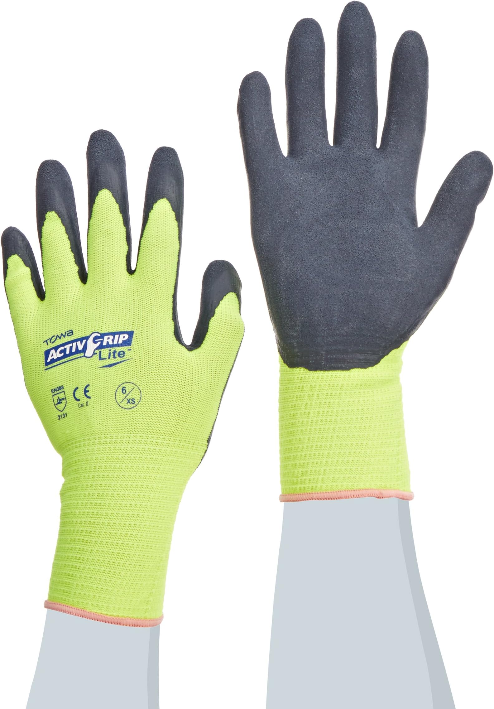 ActivGrip 55-AG317/XS 13-Gauge Lite Latex Dipped Chemical Resistant Gloves with Micro Finish Grip, Black/Yellow, X-Small, 1-Dozen