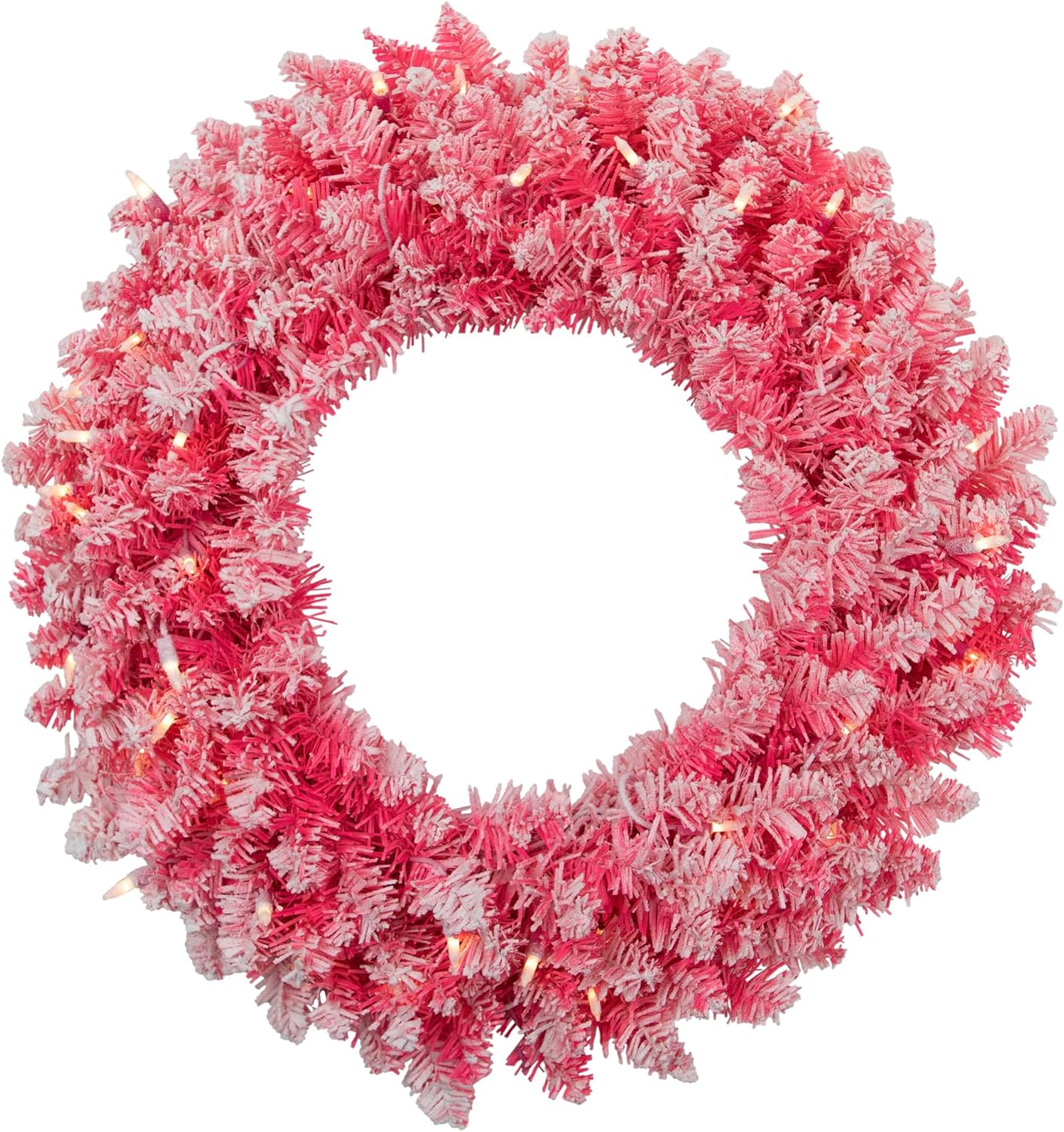 Pre-Lit Flocked Pink Artificial Christmas Wreath - 24"- Clear Lights