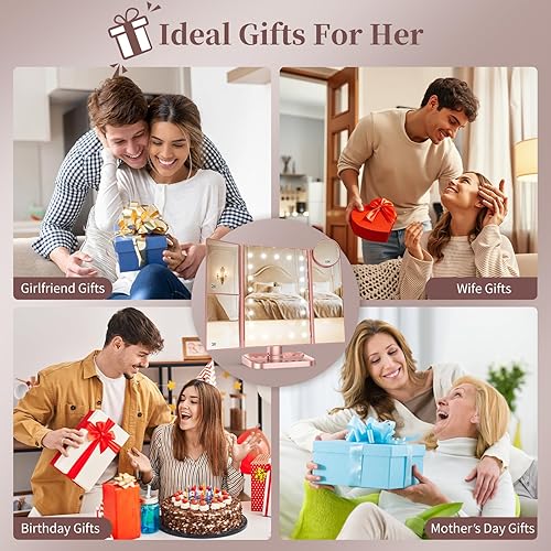 Vista 6 de HUONUL - Espejo de maquillaje para tocador con luces, aumento de 2X, 3X y 10X, control táctil, espejo triple, fuente de alimentación doble, regalos