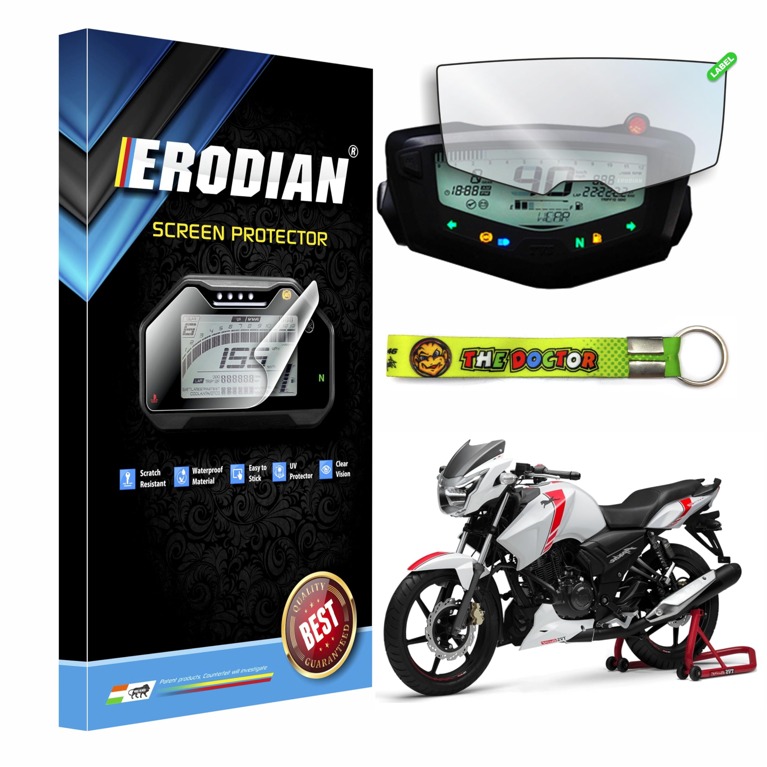 ERODIAN Pet Meter Display Full Screen Protector,Meter Guard For Tvs Apache Rtr 160,Rtr 160 4V,Rtr 180,Rtr 200 4V Bikes|Scratch Resistant|Water Resistant|Hd Clear Vision(1-Free Random 6 Inch Keychain)