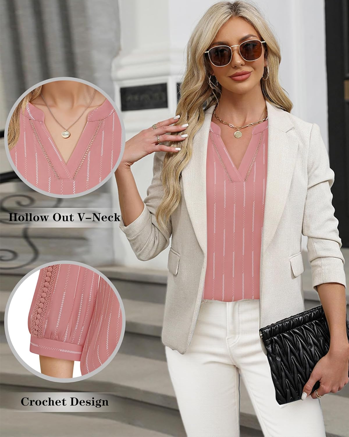 Unixseque Women's 3/4 Length Sleeve Blouses Chiffon V Neck Business Casual Tops Ladies Work Shirts - Image 4