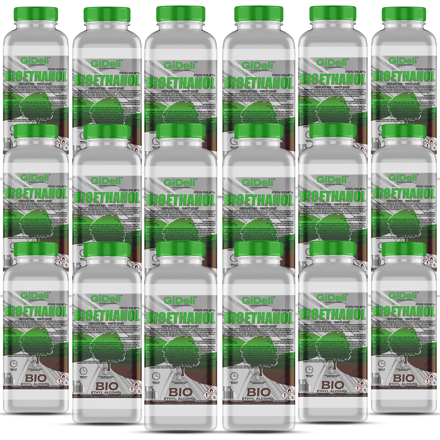 GiDeli Bioetanol 18 x 1 l Bosque Fragancia 96,6% etanol para interior y exterior, sin humo ni hollín, de maíz y remolacha azucarera