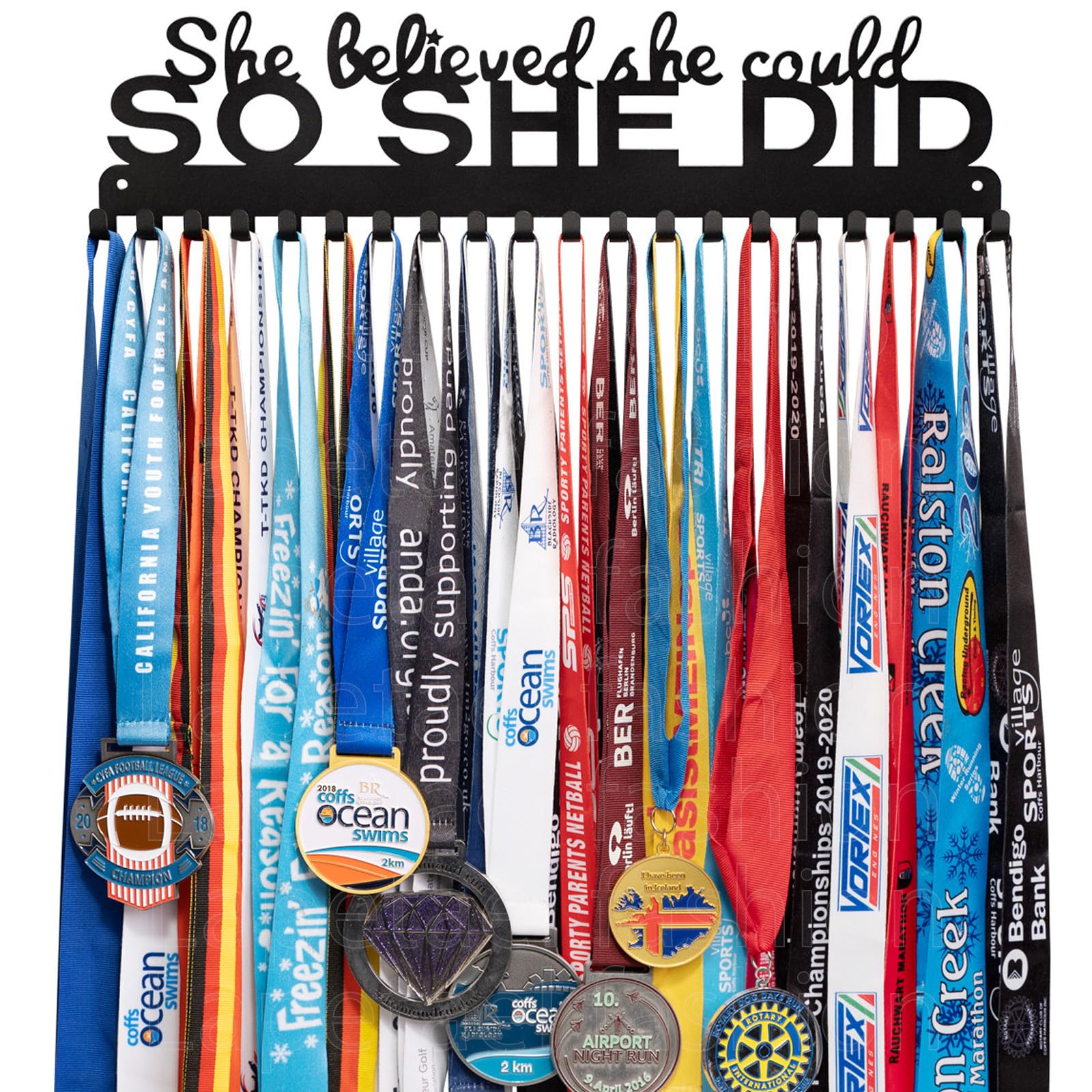 Lapetale Fashion Sports Medal Hanger Display Holder Hook Rack for 60 Medals – She Believed She Could So She Did (16" Wide with 20 Hooks) - Black- Awesome Gifts