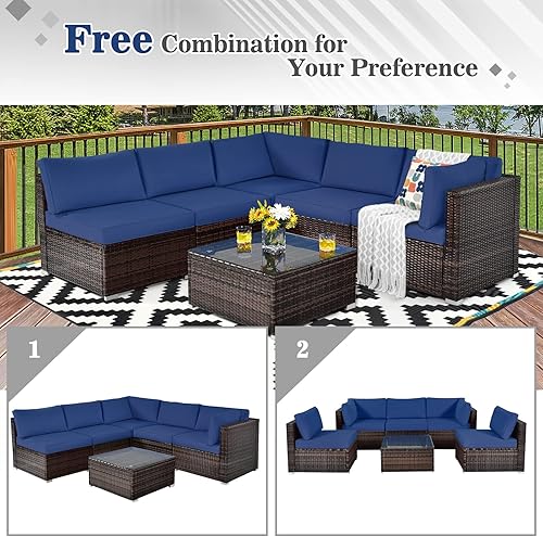 Miniatura 9 de Tangkula Juego de muebles de patio de 6 piezas, juego de conversación de mimbre para exteriores con mesa de café de cristal, juego de sofá de mimbre
