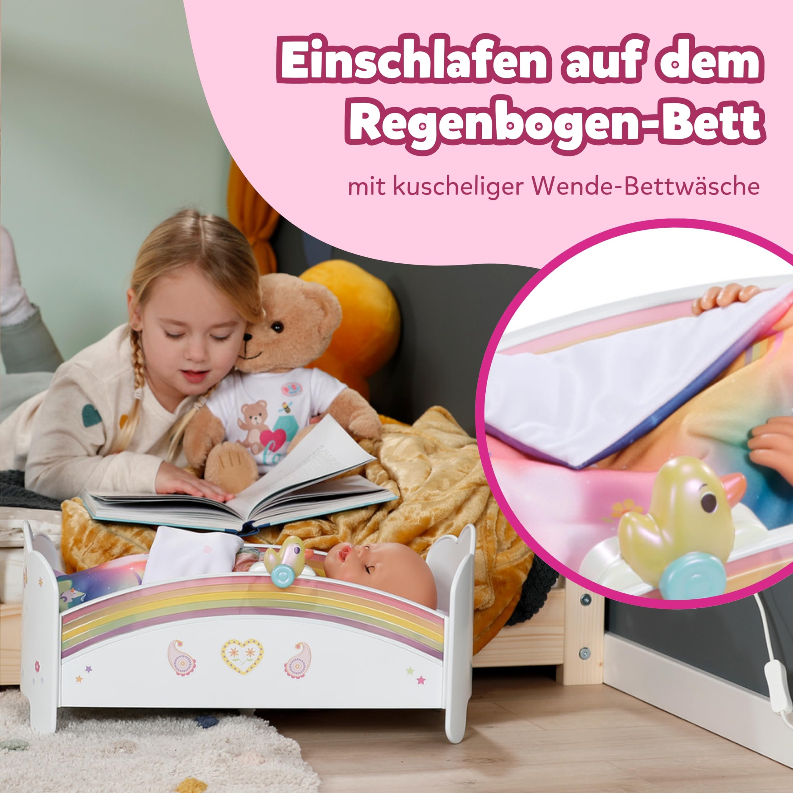 BABY born Regenbogenbett - Puppenbett mit Regenbogenlicht & beruhigender Einschlafmelodie - Hochwertiges Puppen Zubehör inkl. Wendebettwäsche & Stickern - Geeignet für Kinder ab 3 Jahren