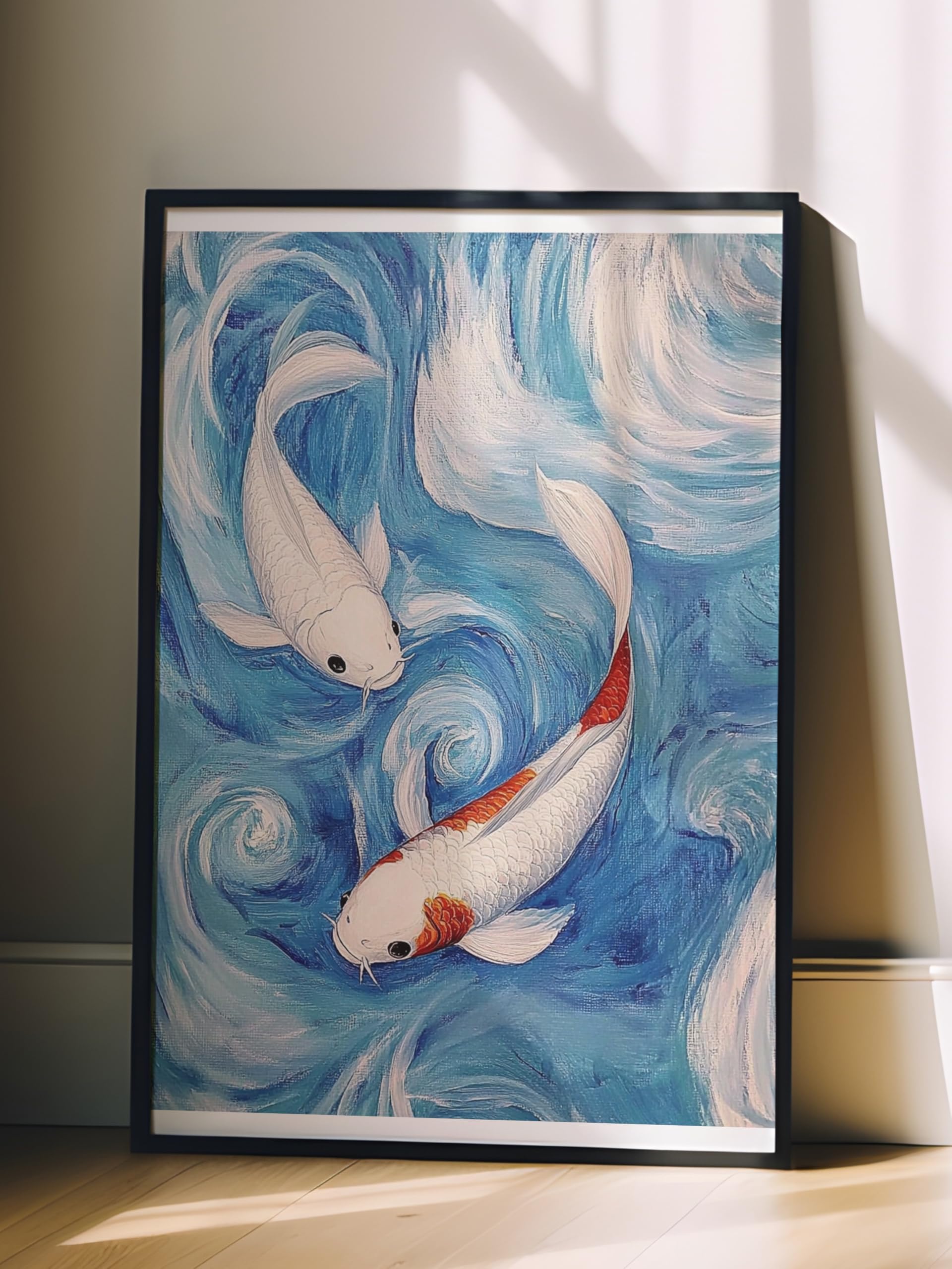 Zestia Siyah Çerçeveli Tablo, Koi Balıkları, Mavi Dalgalar, Japon Stil Poster No: 107335 50 x 70