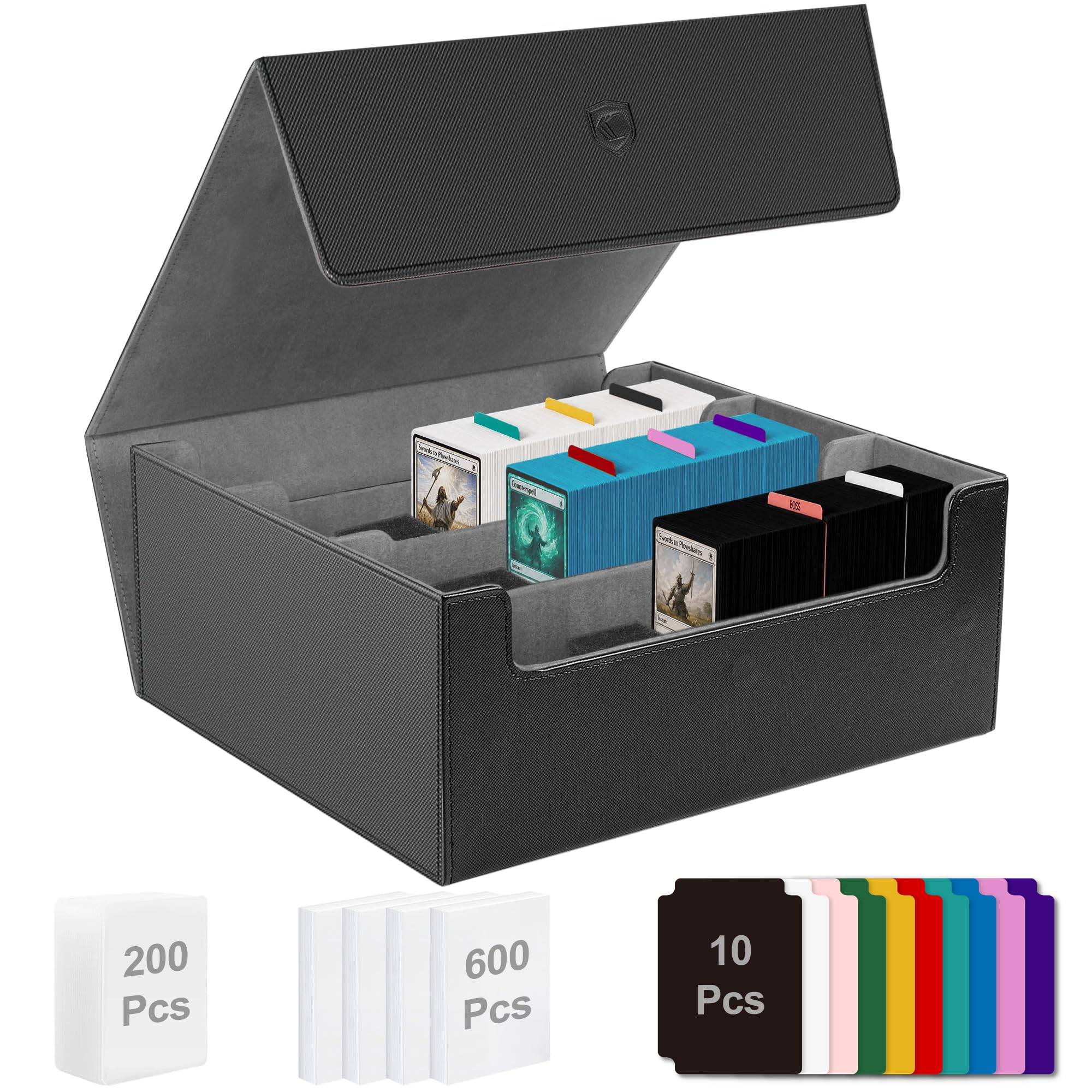 Scatola per carte con 200 caricatori superiori e 600 custodie per carte, può contenere 1800 carte avvolte, scatola per carte da collezione con chiusura magnetica, 10 divisori e 6 fermi per carte
