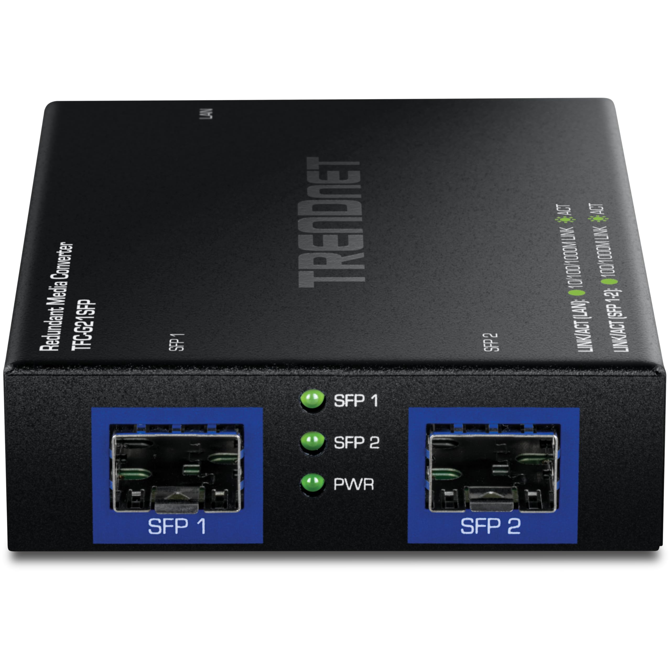 TRENDnet Convertisseur de média fibre 1000BASE-T vers double SFP avec mode redondant, TFC-G21SFP, 1 port Gigabit RJ45, 2 ports SFP Gigabit, conforme NDAA et TAA