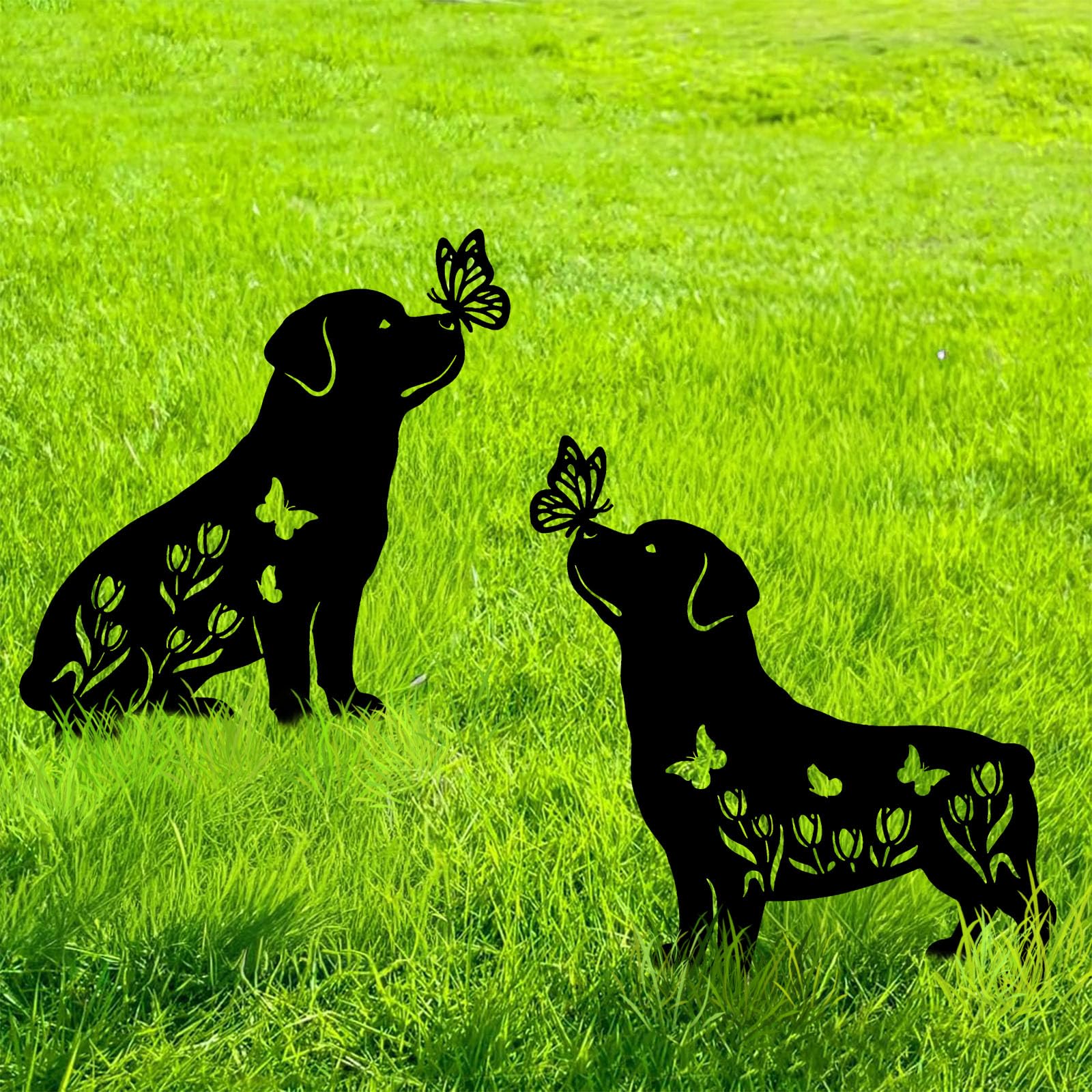 Rottweiler Metal Decorative Garden Stakes for Memorial Yard Art, Lawn Ornaments, Outdoor Decor 2 PCS