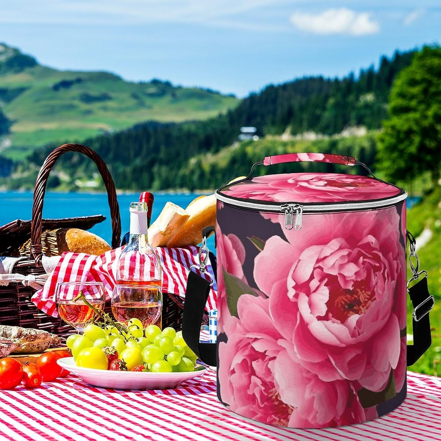 Peony Flowers Lunch Bag 15L, Insulated Picnic Basket with Leakproof Design - Large Cooler Tote for Camping, Beach, Hiking & Groceries