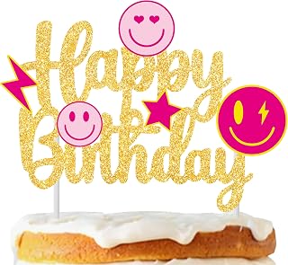 Preppy Happy Birthday Cake Topper Preppy Smile Face Birthday Party Decoration Smile Face Lightning Star Theme Cake Pick for Back to School Party Bachelorette Party Supplies