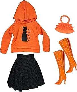 Eledoll Halloween Fashion Pack Clothes Set for 12 inch Doll Orange Hoodie & Skirt & Boots Black CAT Set
