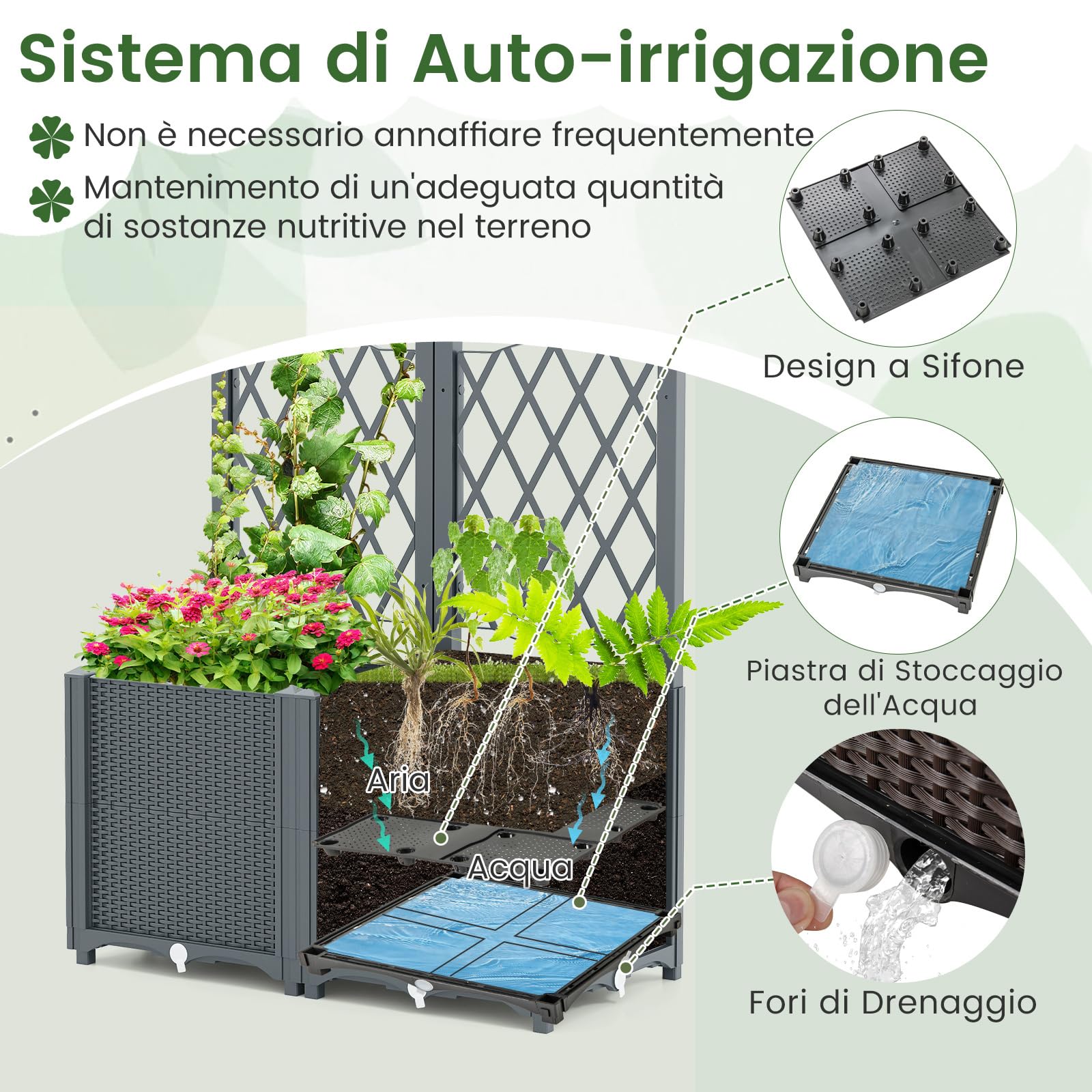 COSTWAY Letto da Giardino Elevato con Trellis a Lattice, Fioriera Autoinnaffiata per Piante Rampicanti, Fiori e Verdure, Fioriera Verticale da Interni e Esterni (Grigio,80 x 40 x 140 cm)