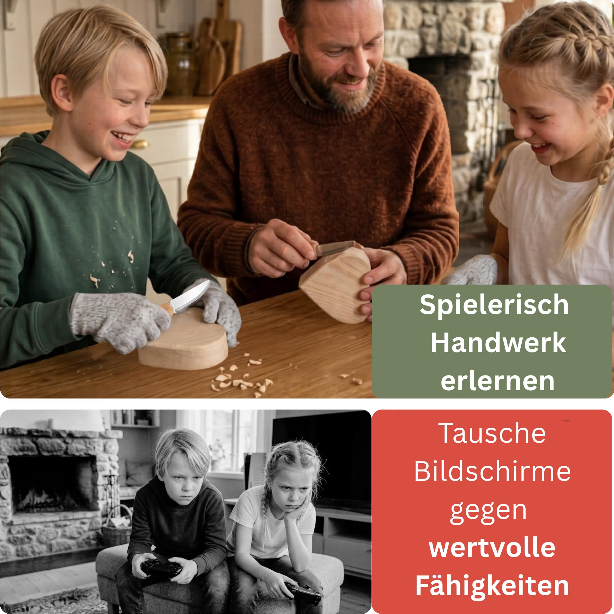 Eli® Schnitzmesser Kinder Set ab 6 Jahre inkl. Schnitzholz und schnittfeste Handschuhe - hochwertiges Kindermesser Schnitzset und Rohling Herz - Kinderschnitzmesser - Schnitzwerkzeug - Outdoor Messer