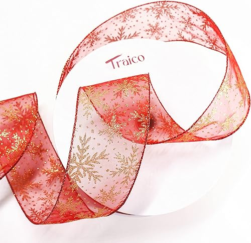 Miniatura 2 de Cinta con alambre de organza roja con purpurina dorada de copos de nieve de 2.5 pulgadas x 50 yardas (150 pies) para decoración del hogar de
