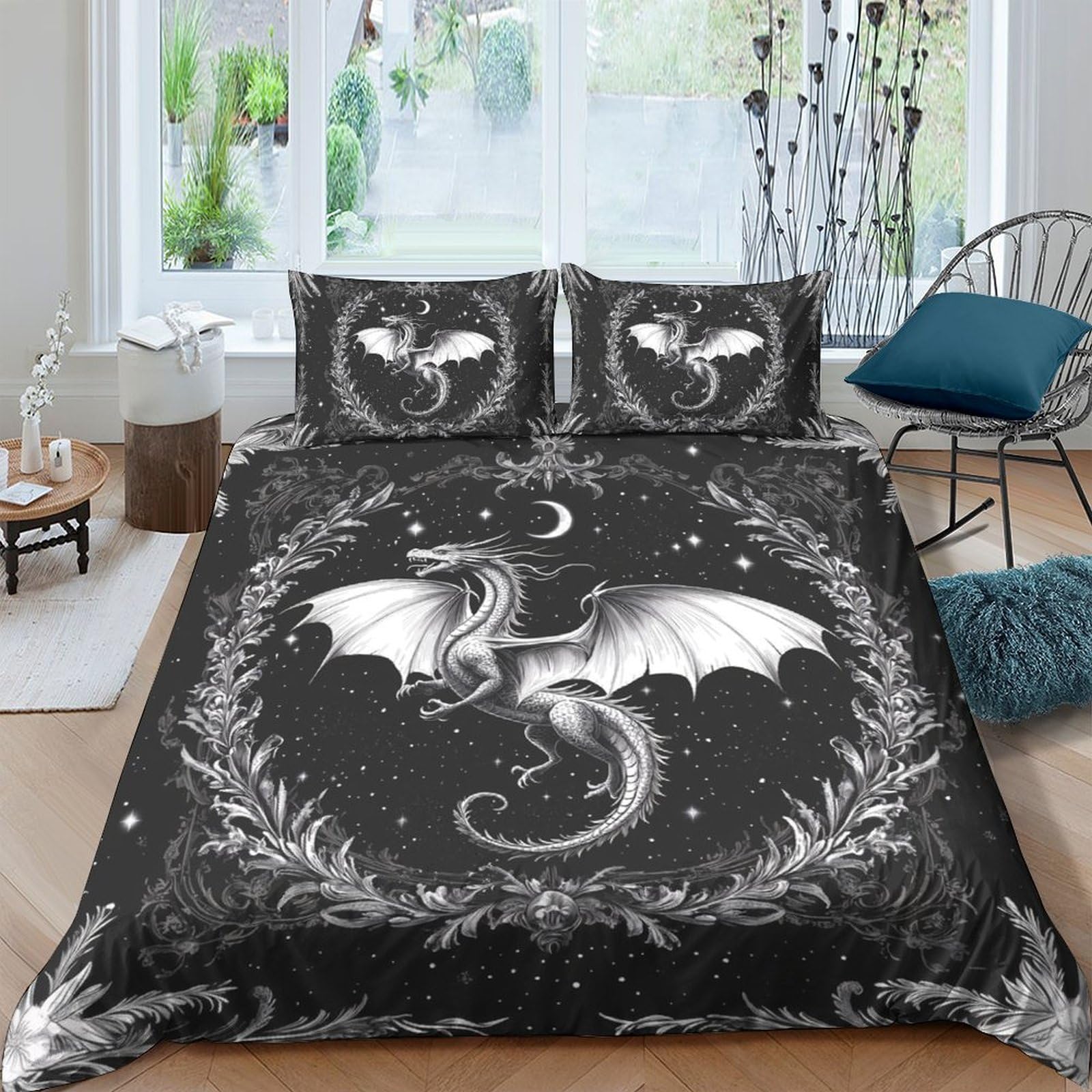 Ctjqhvkz Style-4 3D Printed Fantasy Dragon Fitted Sheet Microfiber Soft Black White Moon Bed Cover For Bedroom Dorm Mattress Protection Decor Single（135X200cm）