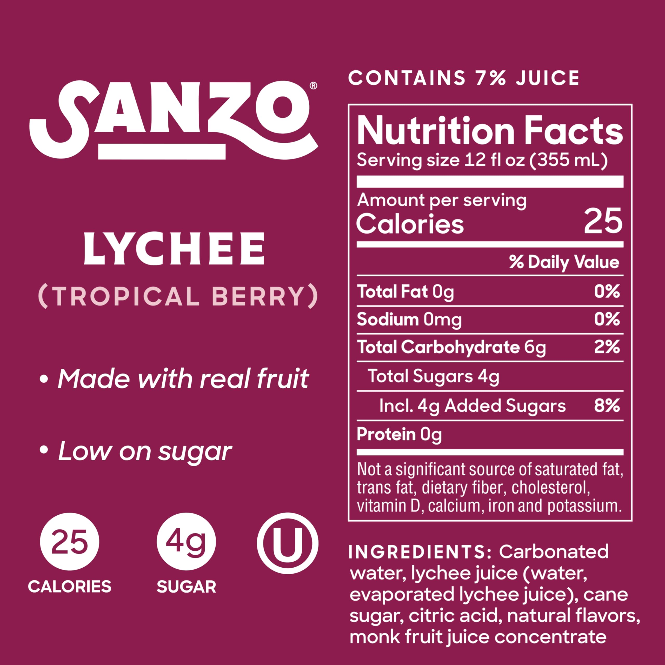 Sanzo Flavored Sparkling Water - Tropical Berry Seltzer (Lychee) - Low Calorie Low Sugar - Craft Asian Drinks - Vegan Gluten Free Carbonated Flavored Water - Fizzy Healthy Drinks - 12oz, 6 Pack