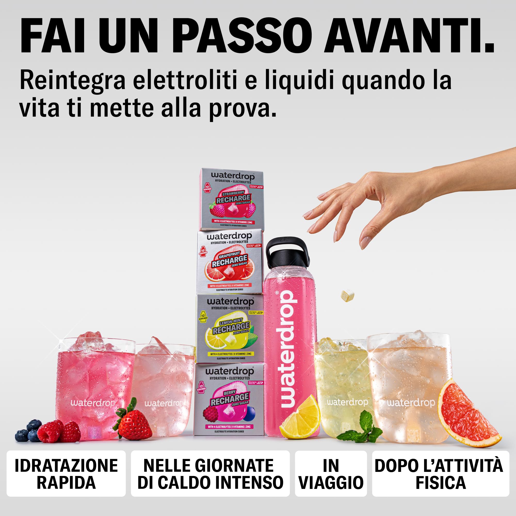 waterdrop® Microlyte Elettroliti Senza Zucchero – 36 Cubetti per Acqua con 4 Elettroliti + 6 Vitamine & Zinc, Sali Minerali Integratori Sport, Perfetti per Viaggio, Acqua Naturale o Frizzante.