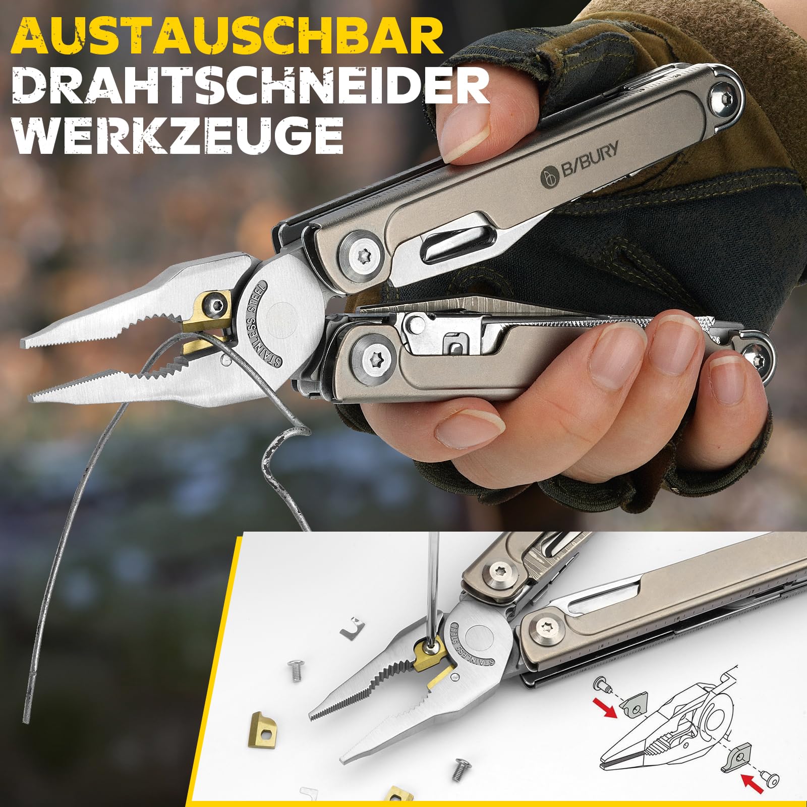 BIBURY Multitool Titan & Damast Messer - Multifunktionswerkzeug mit Zange, Schere, austauschbarer Säge & Bits - Profi EDC Taschenmesser Geschenke für Männer, Reparieren, Camping Zubehör BI2049TI