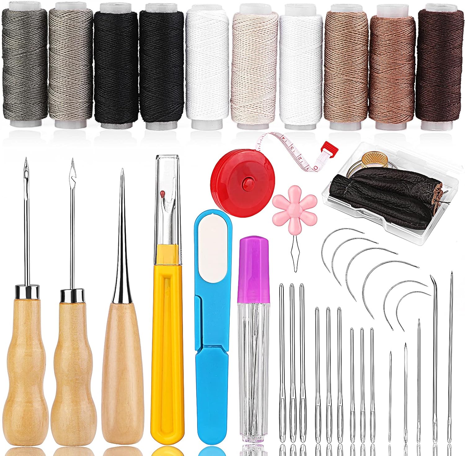 42 Pcs Leather Sewing Kit, Leather Craft Kits with Curved Mattress Needles, Leather Sewing