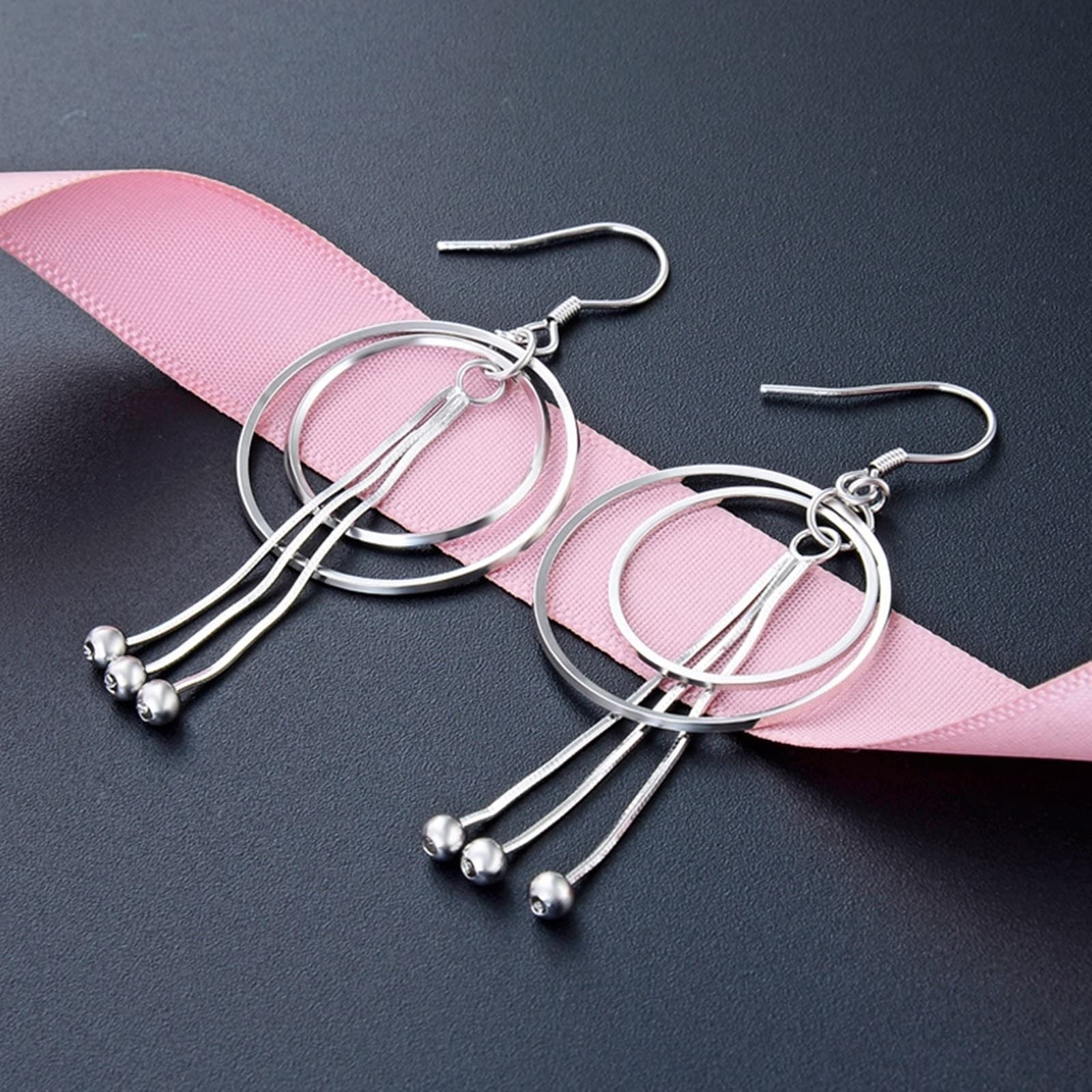 Orecchini pendenti in argento sterling, orecchini in argento per adolescenti tre grandi cerchi francesi filo alla moda da donna 53 x 25,1 mm, Nessuna pietra preziosa