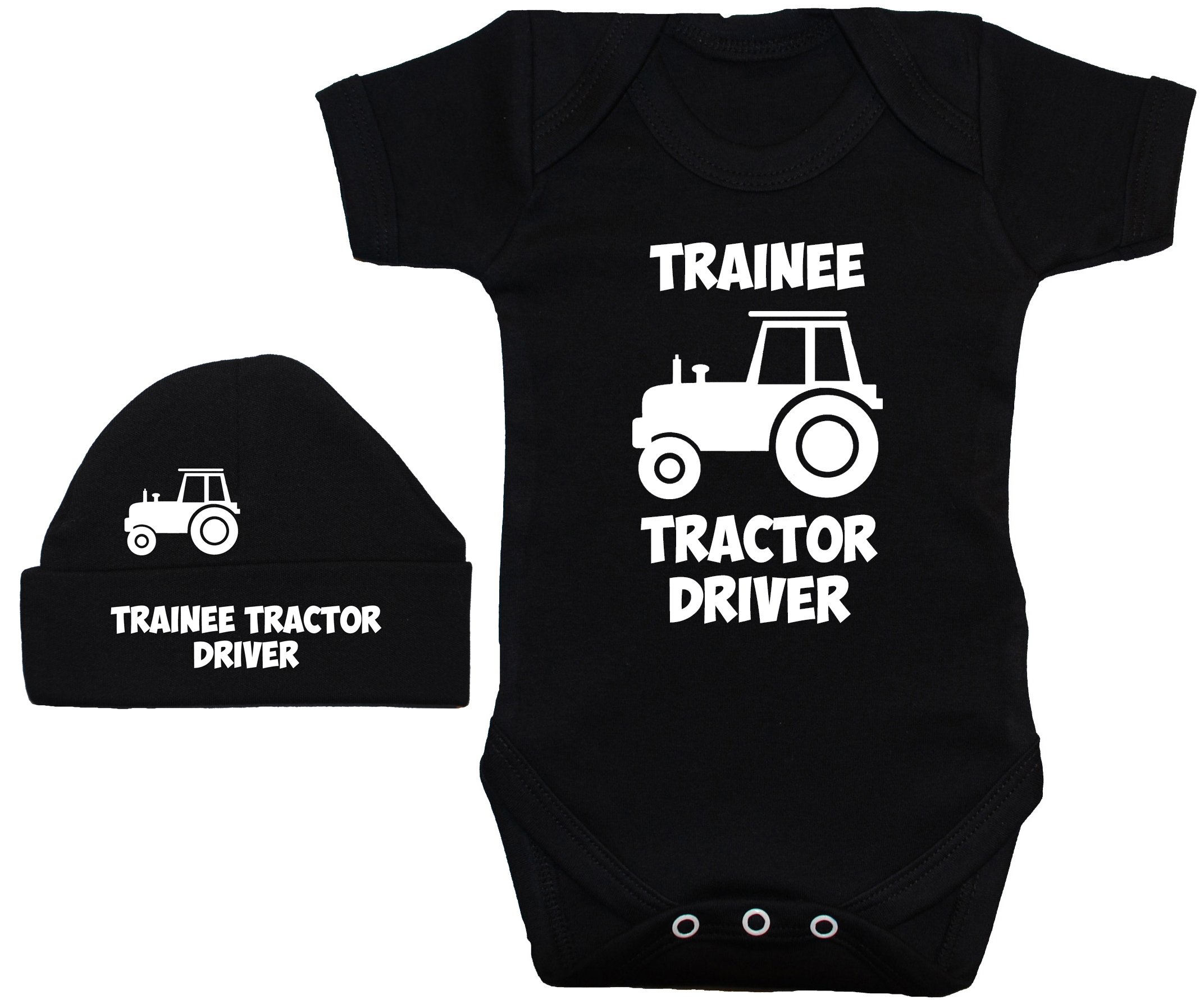 Acce Products Black Trainee Tractor Driver Baby Bodysuit/Romper & Beanie Hat - 0-3 Months
