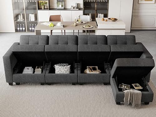 Miniatura 3 de Belffin Sofá modular convertible con asiento de almacenamiento, sofá de 4 asientos en forma de L con tumbona reversible modular de tela seccional